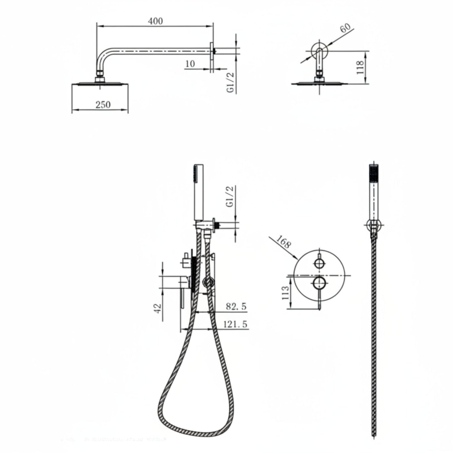 Esquema técnico detalhado com dimensões do conjunto de duche Imex Monza de encastrar.