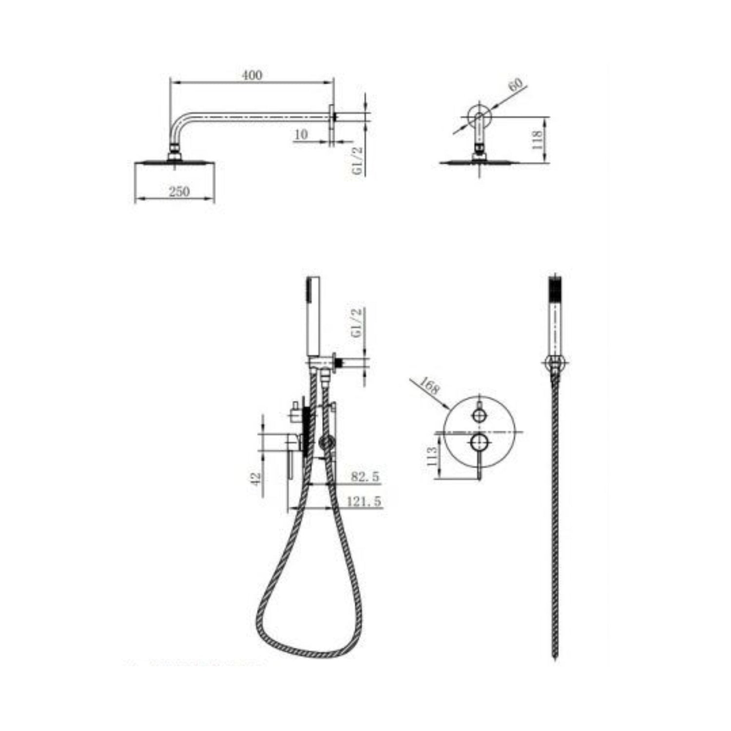 Esquema técnico com dimensões e medidas de instalação do conjunto de duche Imex Monza GPM039.