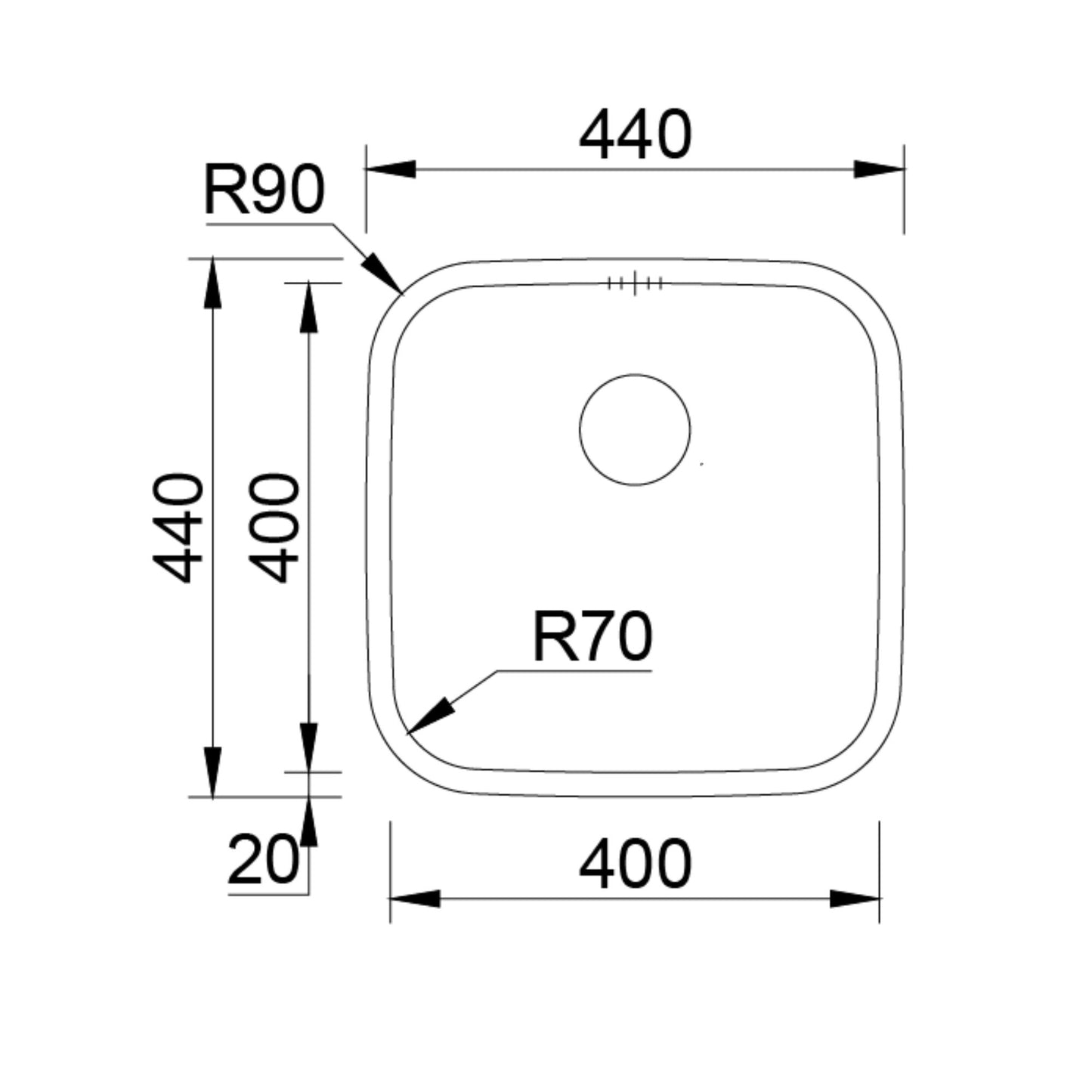 Diagrama técnico detalhando as medidas de 440x440mm e raios R70 e R90 do lava-louça Rodi Bahia.