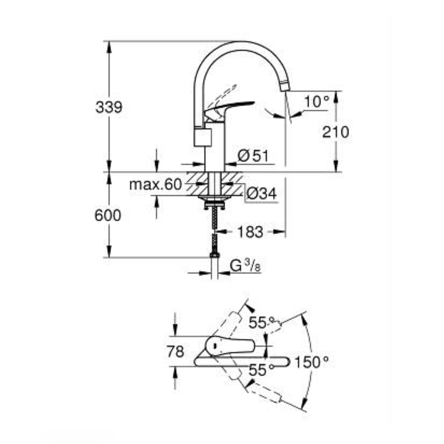 Desenho técnico com dimensões e ângulos de rotação da torneira Grohe Eurosmart.