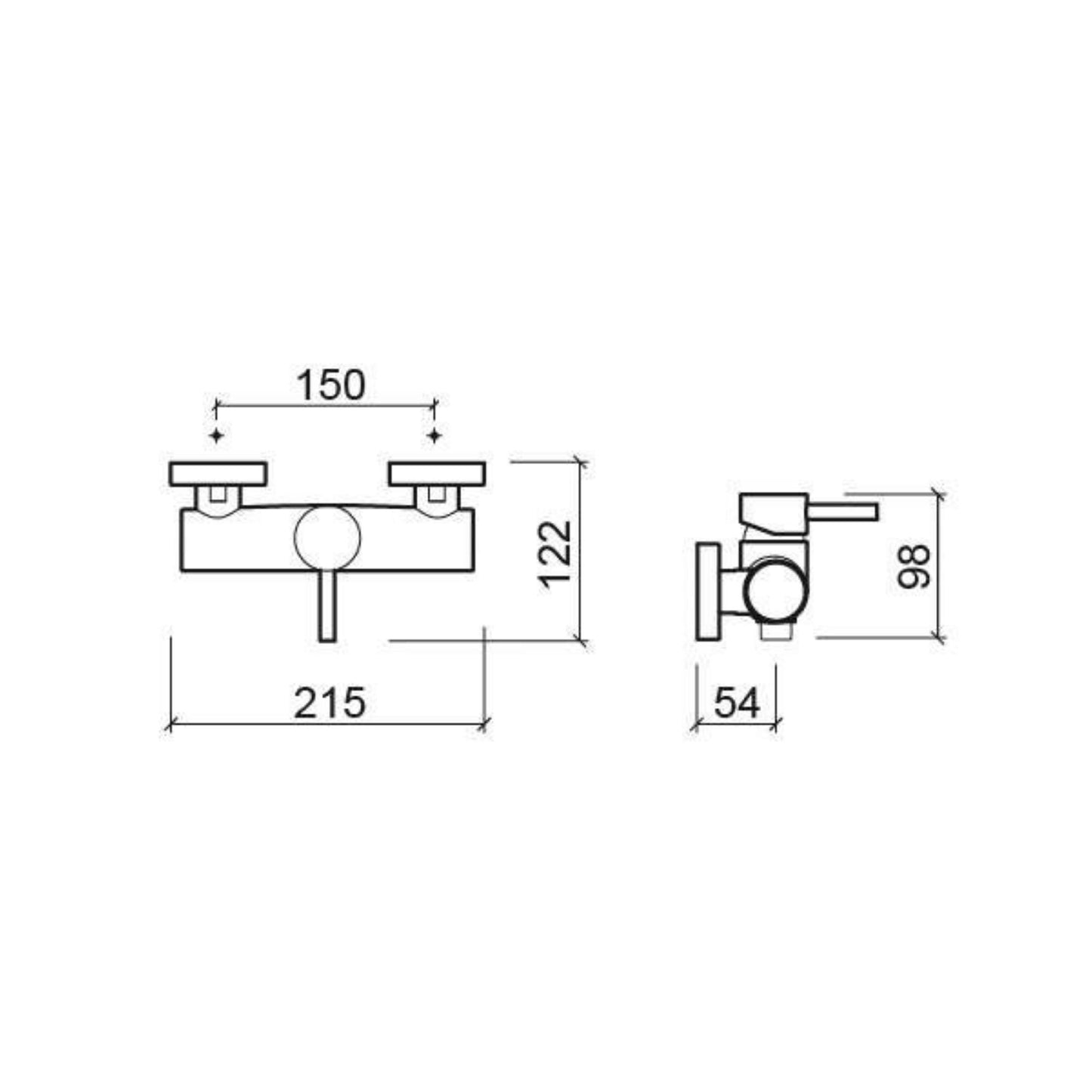 Desenho técnico com dimensões de instalação da torneira de duche Sanindusa Icone New.