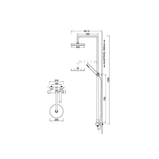 Desenho técnico com dimensões e especificações da coluna de duche termostática W7.