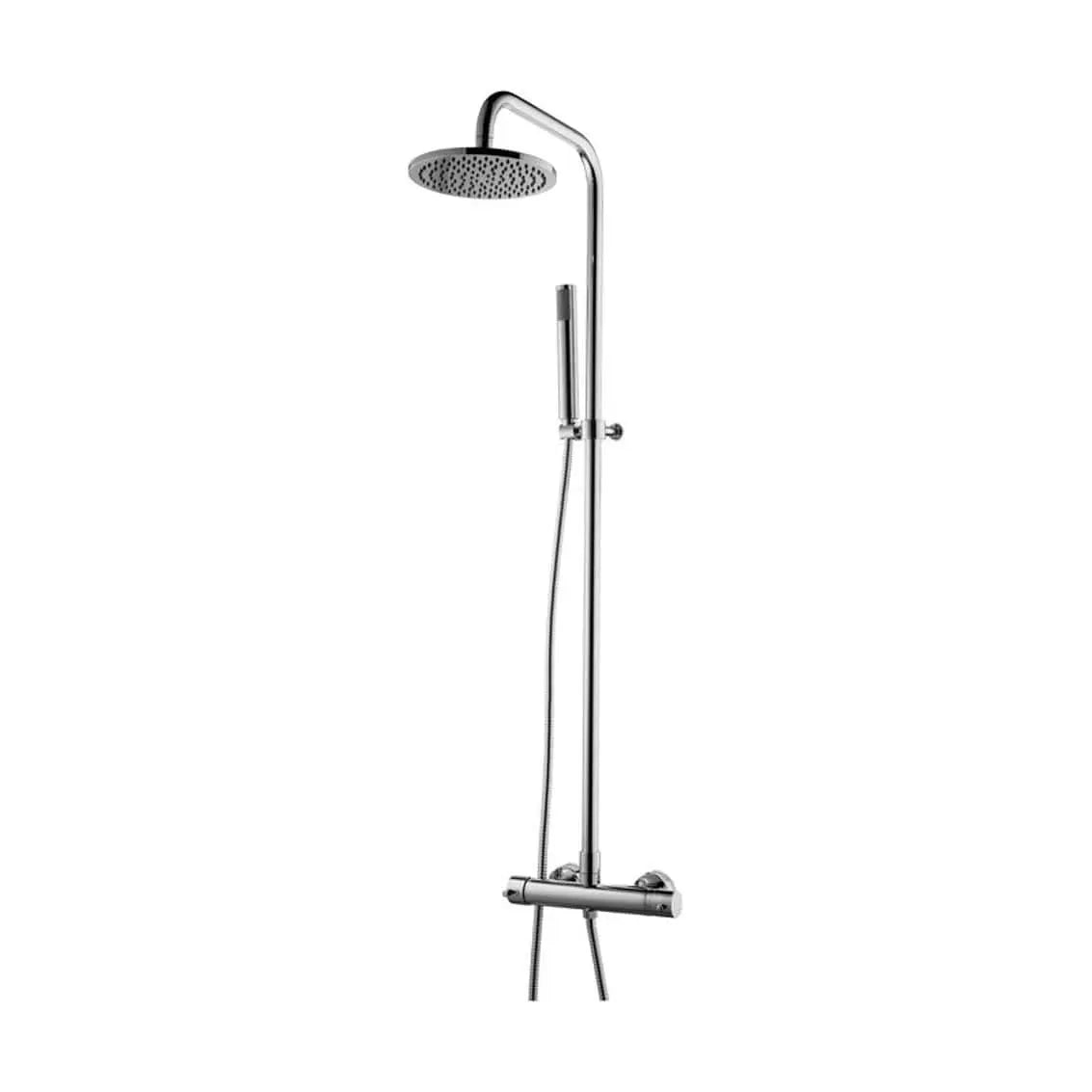 Coluna de duche termostática cromada W7 com chuveiro de mão e cabeça de duche redonda.