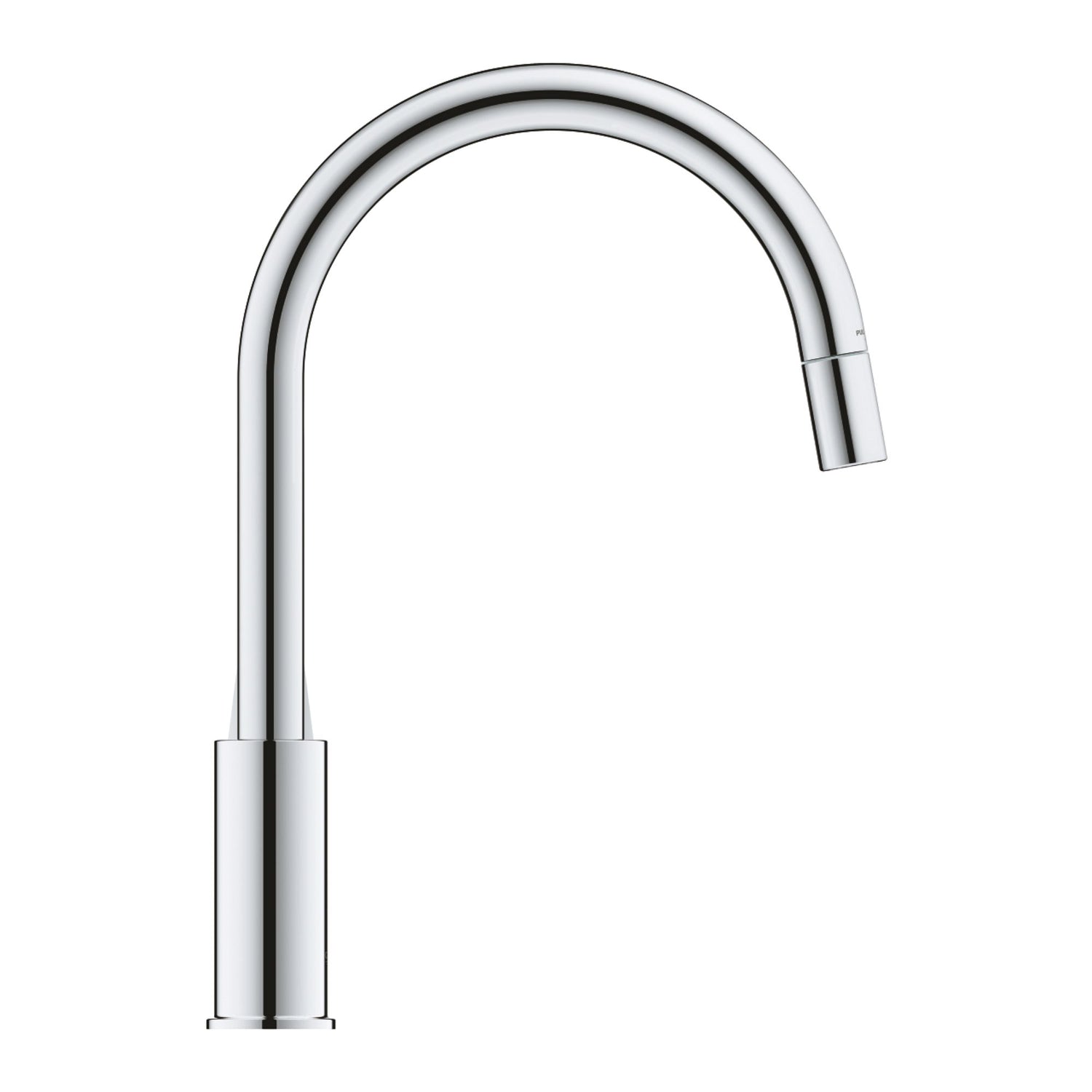 Vista lateral esquerda da torneira de cozinha Grohe Bauedge evidenciando o design em arco do cano.