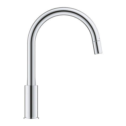 Vista lateral esquerda da torneira de cozinha Grohe Bauedge evidenciando o design em arco do cano.