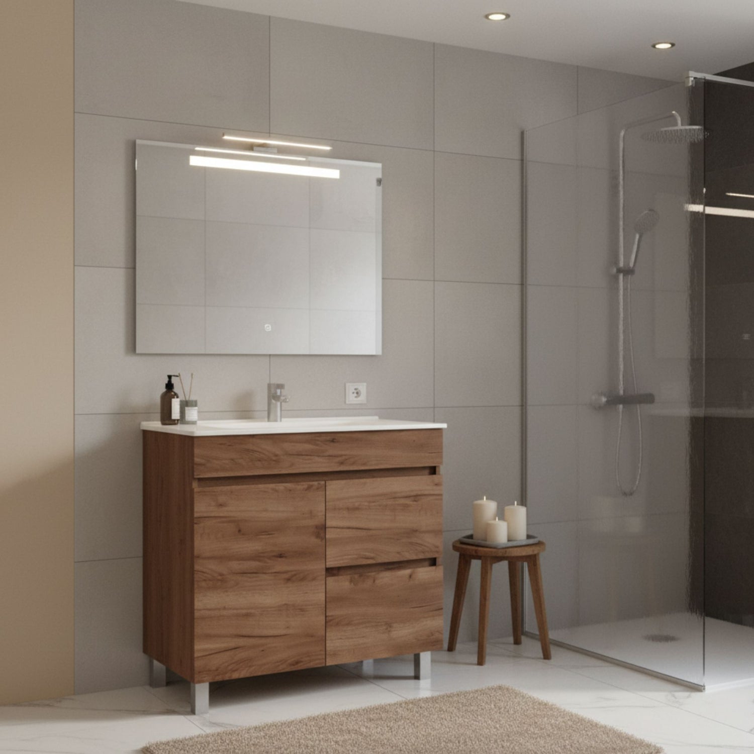 Ambiente de casa de banho com móvel Duo 80cm, espelho iluminado e box de duche