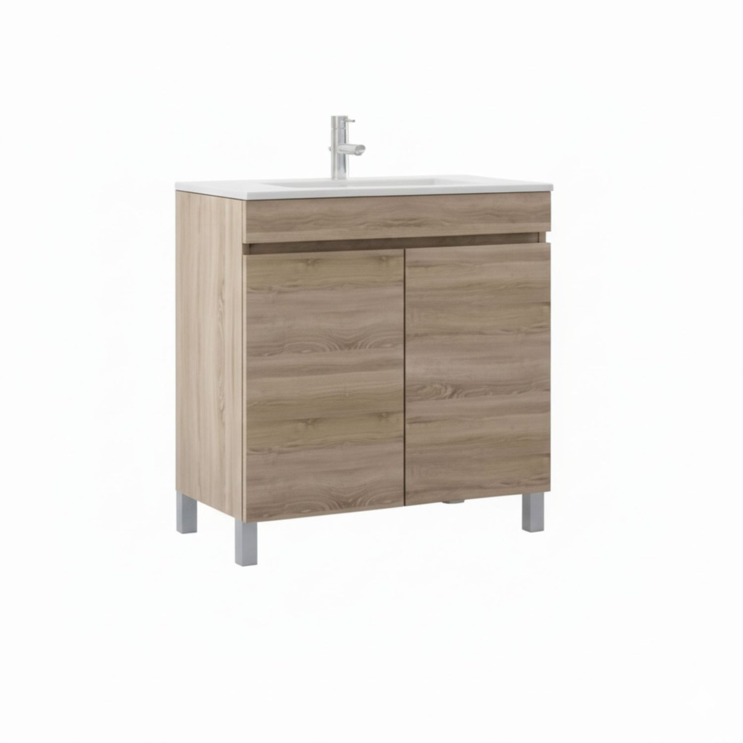 Móvel de casa de banho Moovlux 60cm com lavatório integrado, cor Beja Oak, duas portas e uma gaveta superior, pés metálicos.
