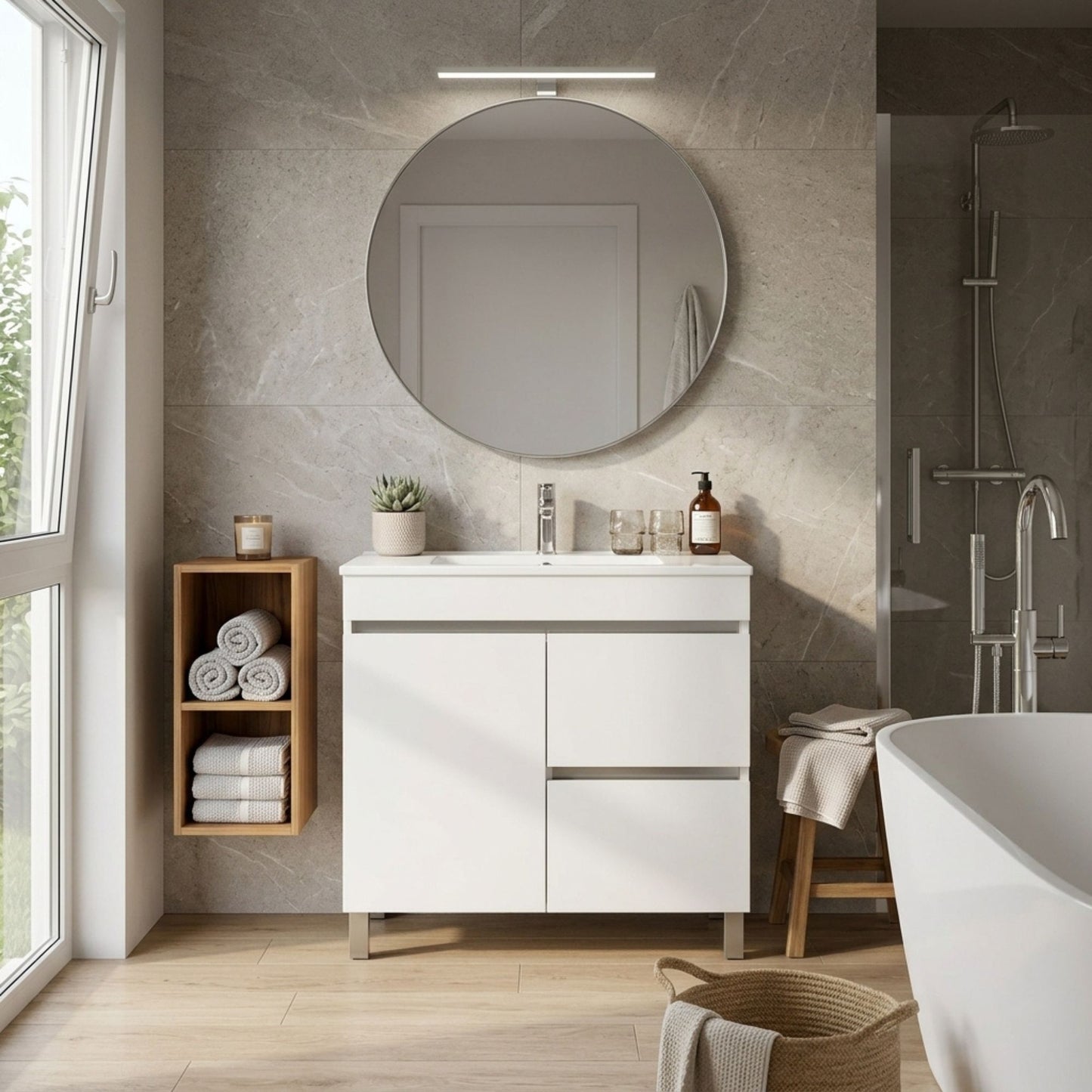 Móvel de casa de banho com 1 porta e 2 gavetas em branco lacado com lavatório cerâmico Moovlux Braga 60cm