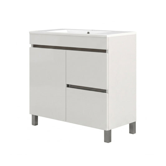 Móvel e lavatório Moovlux Braga 60cm branco instalado em ambiente de casa de banho com espelho redondo