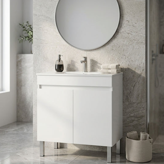 Móvel e lavatório Moovlux Viana 80cm branco instalado em casa de banho moderna com espelho redondo