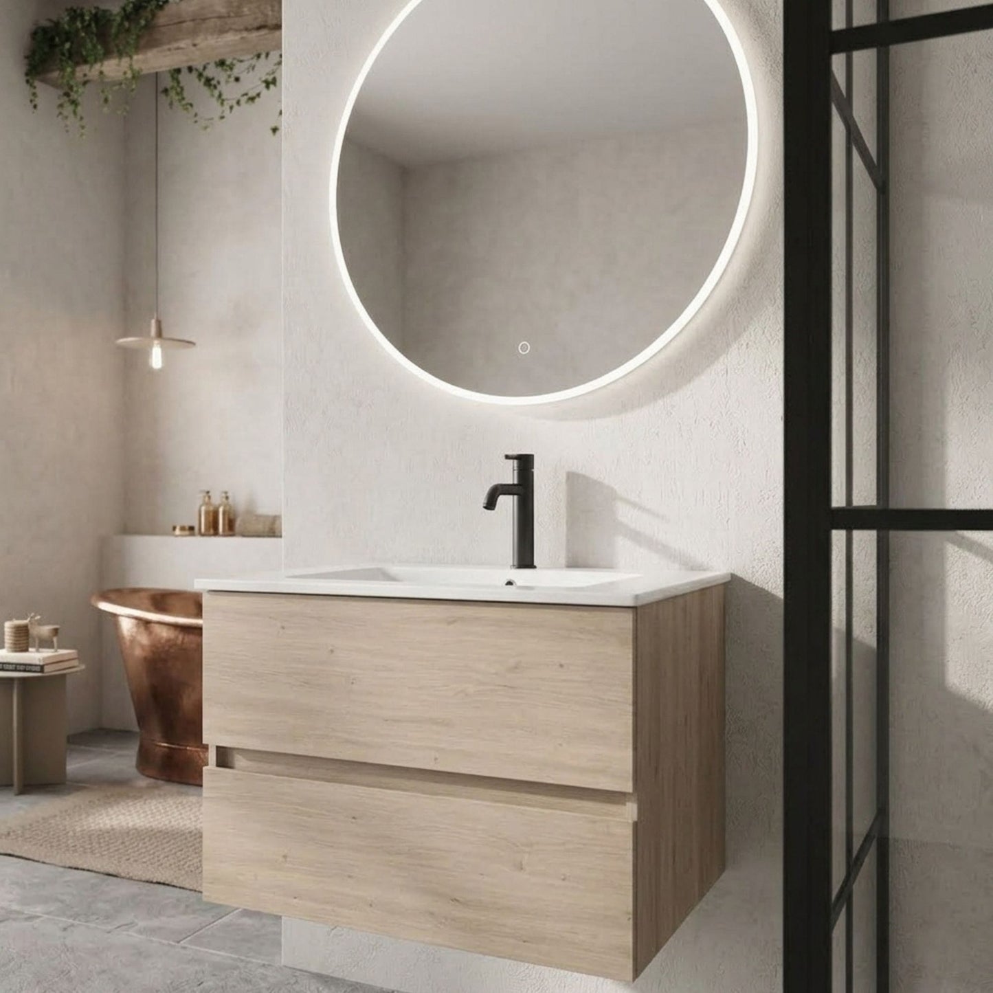 Casa de banho moderna com móvel suspenso Banhoazis 80cm Futura e espelho circular iluminado