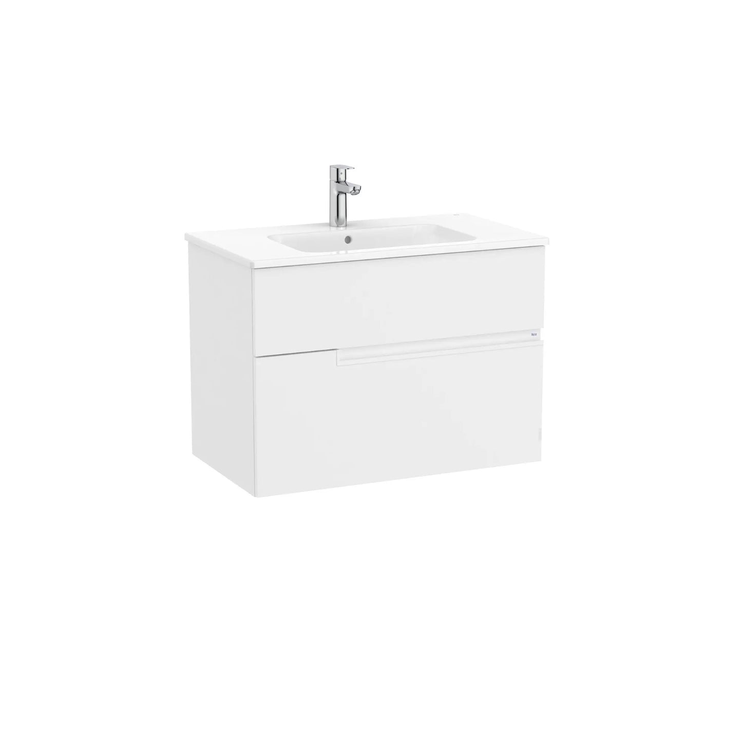 Móvel de casa de banho suspenso Roca Victoria branco mate com duas gavetas e lavatório integrado.