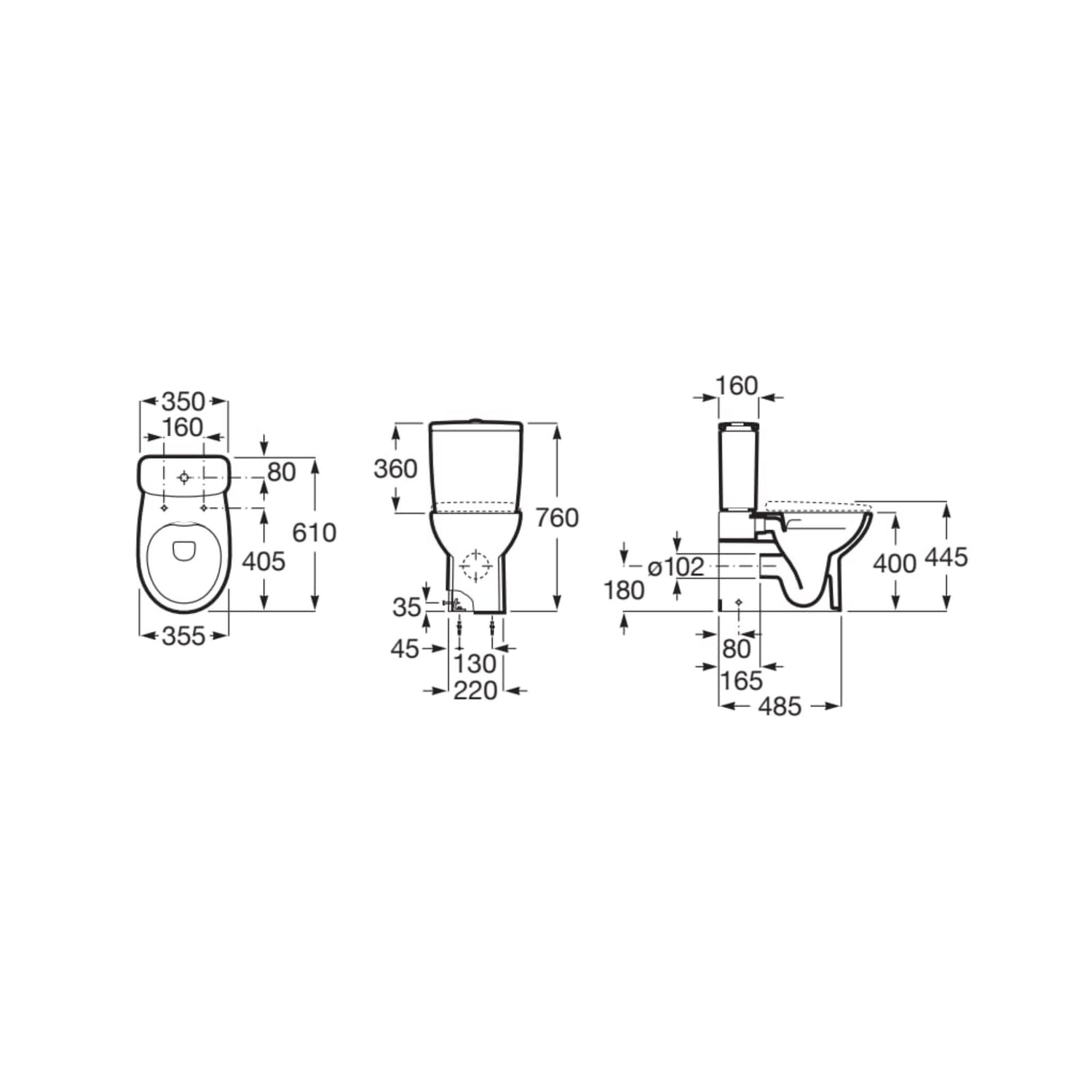 Desenho técnico do pack de sanita Roca Victoria BTW (back-to-wall) em cerâmica branca com as dimensões detalhadas de 355mm de largura por 610mm de profundidade.