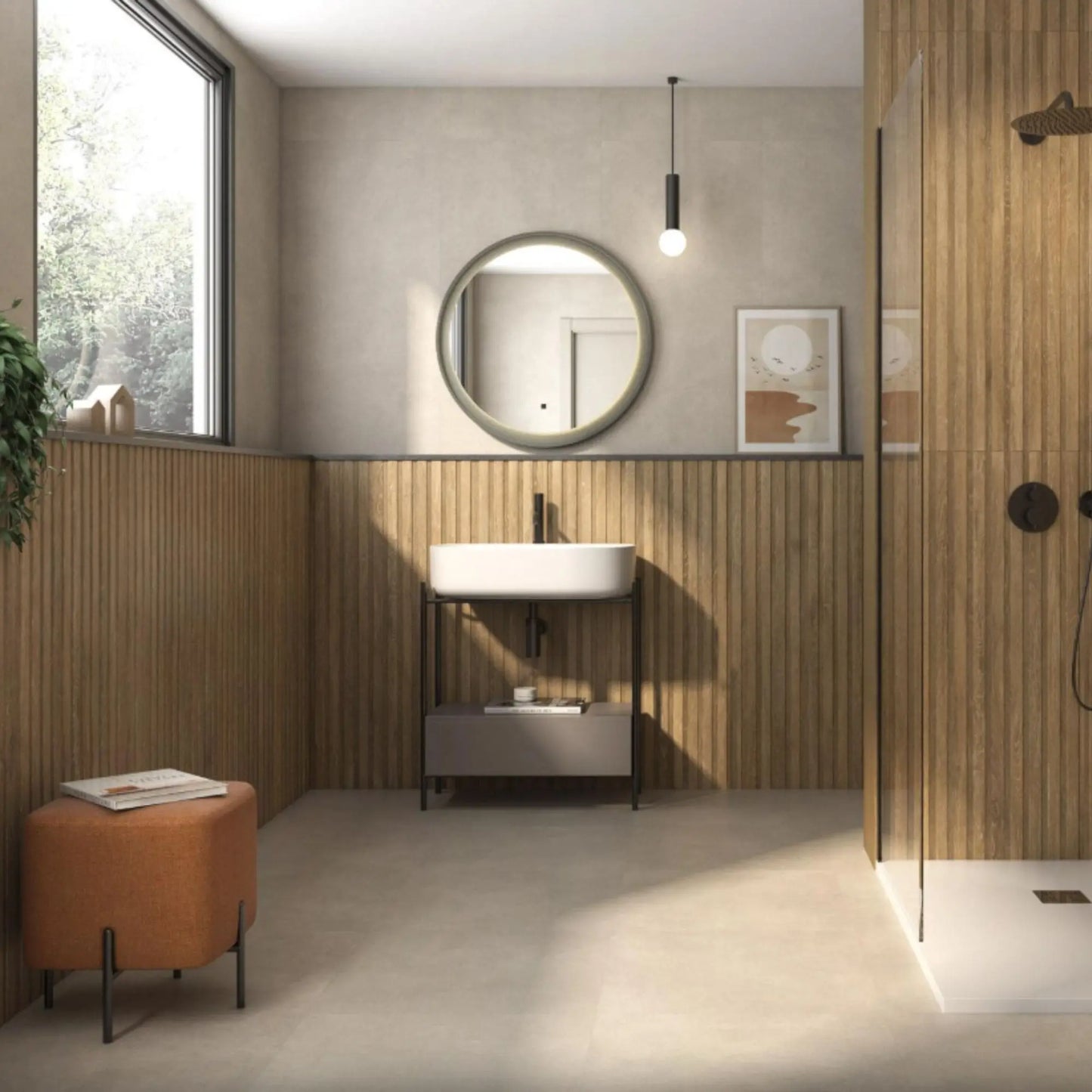 Pavimento cerâmico Viggo Fresno 60x120 cm aplicado numa casa de banho moderna, com design que imita a madeira clara.
