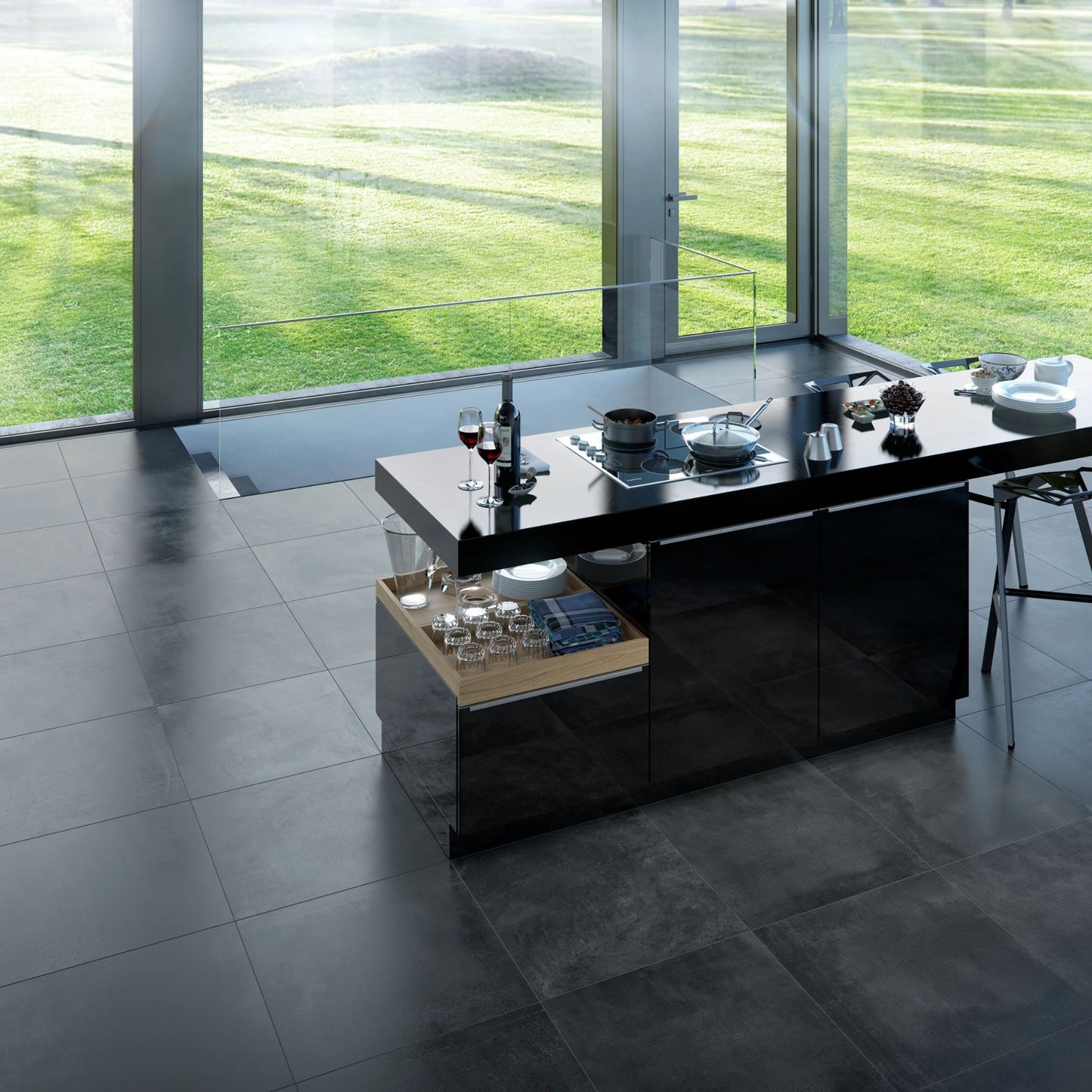 Cozinha moderna com pavimento cerâmico Dominó 60x60cm Newstreet Night e ilha central preta