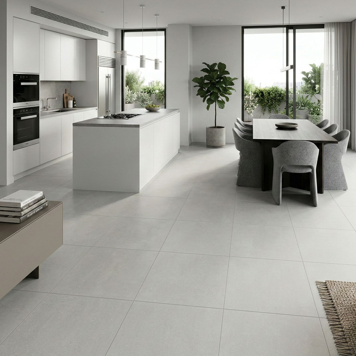 Ambiente moderno de cozinha e sala de jantar em plano aberto com pavimento cerâmico Dominó So Grey 60x60cm.