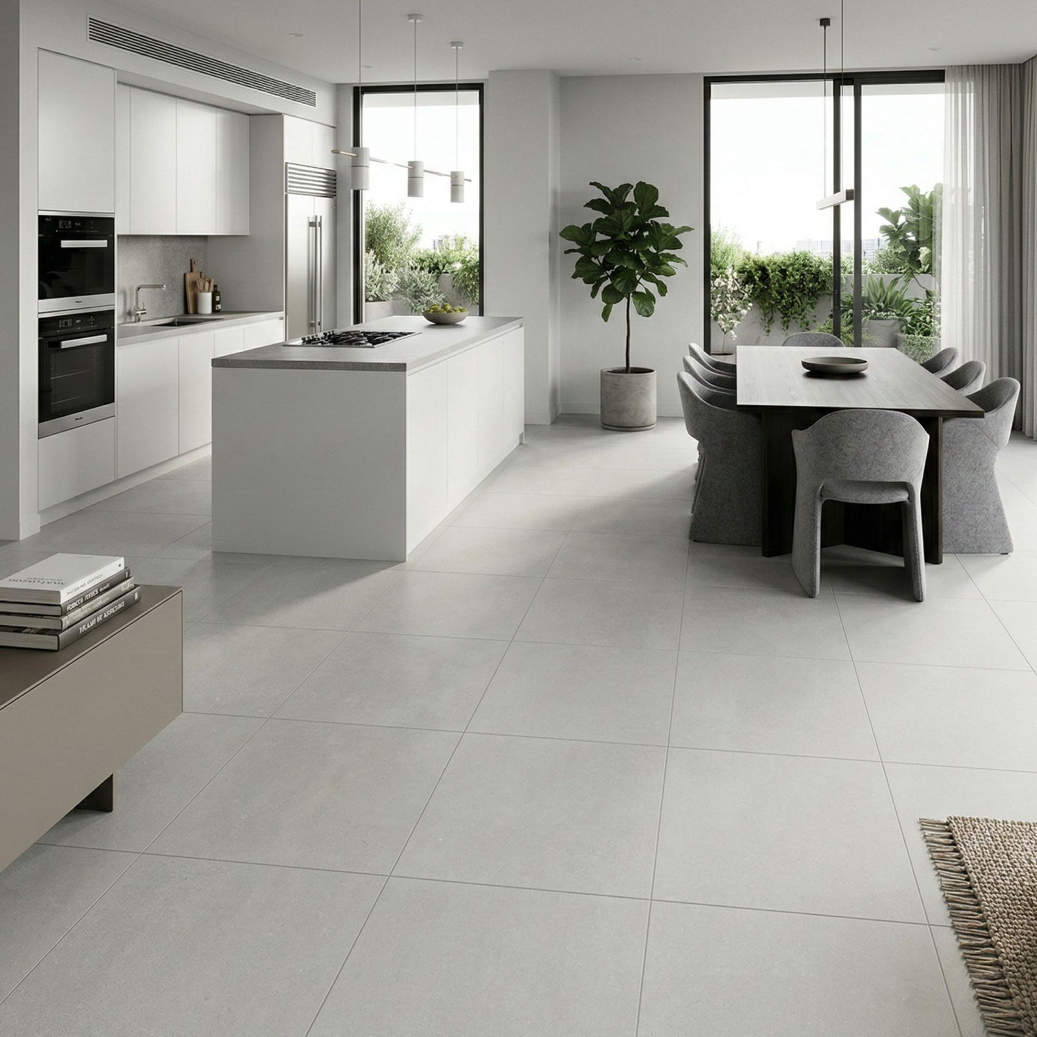 Ambiente moderno de cozinha e sala de jantar em plano aberto com pavimento cerâmico Dominó So Grey 60x60cm.