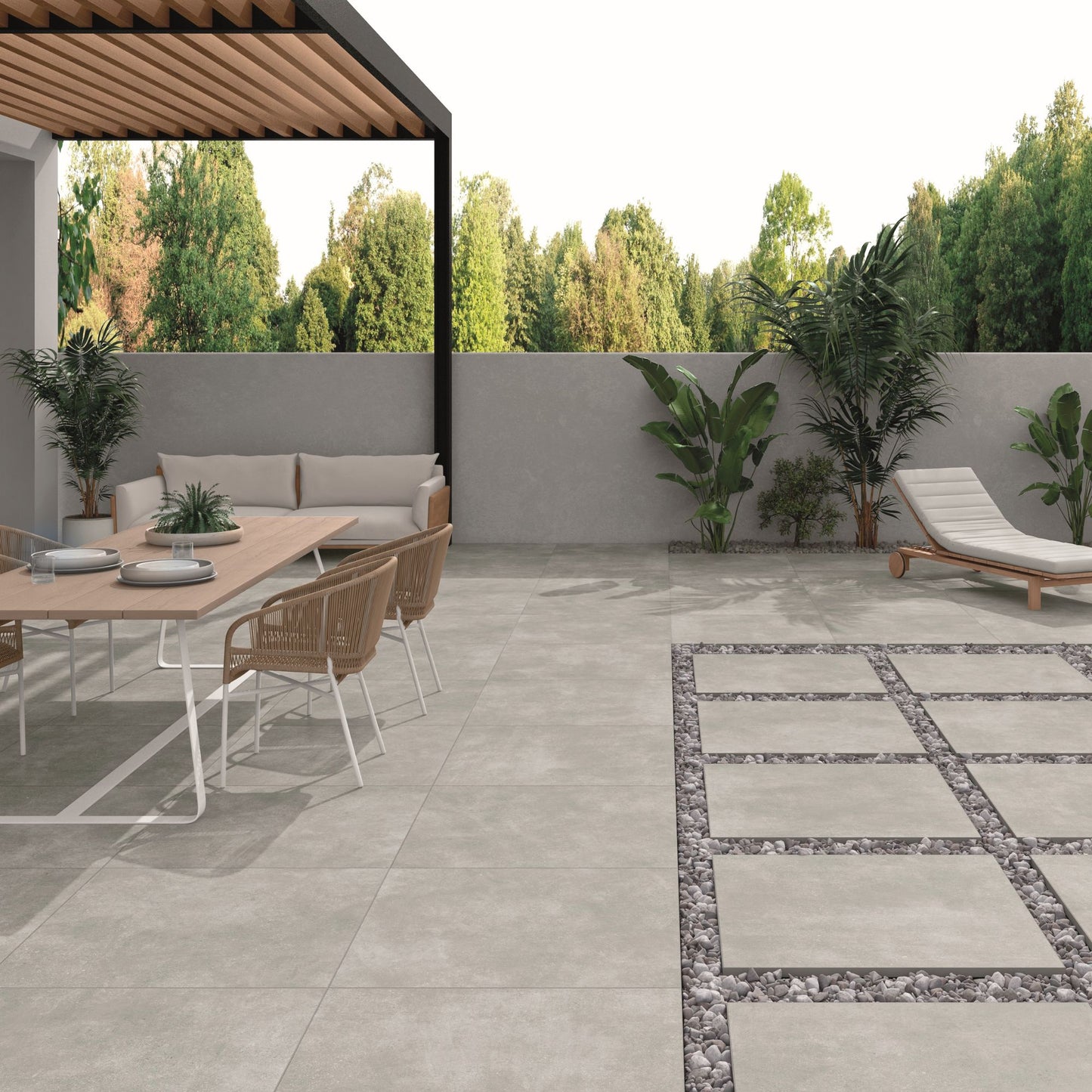 Terraço moderno e amplo com o pavimento cerâmico Pamesa Vita Gris 60x60 retificado aplicado no chão.