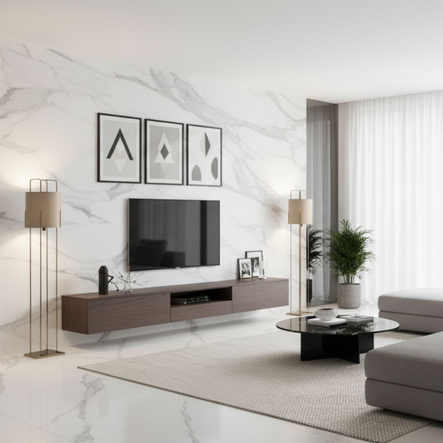Pavimento Cerâmico Portofino Brilho Retificado 60x120 cm com padrão de mármore numa sala com sofá e televisão.