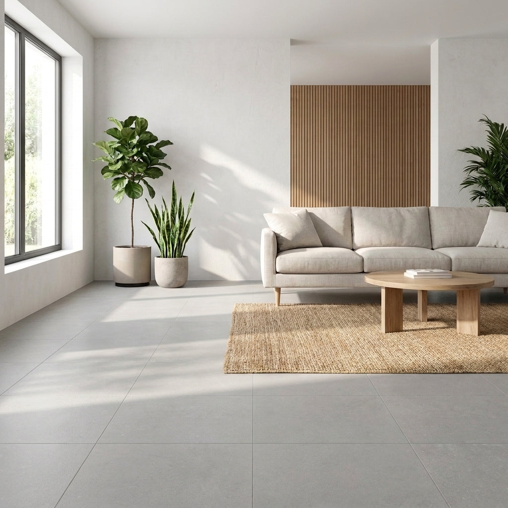 Pavimento cerâmico Recer Cosy Grey 60,8x60,8cm instalado no chão de uma sala de estar iluminada