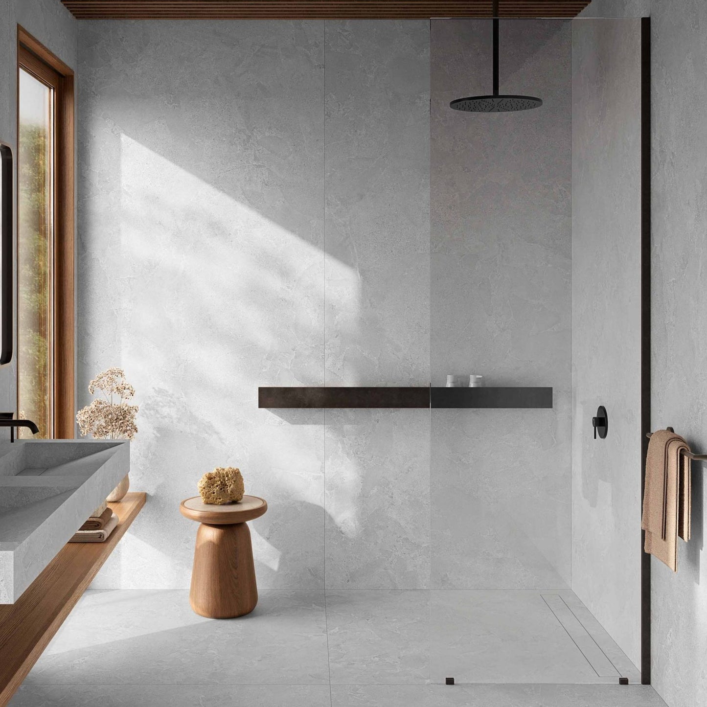 Zona de duche moderna revestida com cerâmico de grande formato Roca Avalon Rock Blanco 120x280cm   