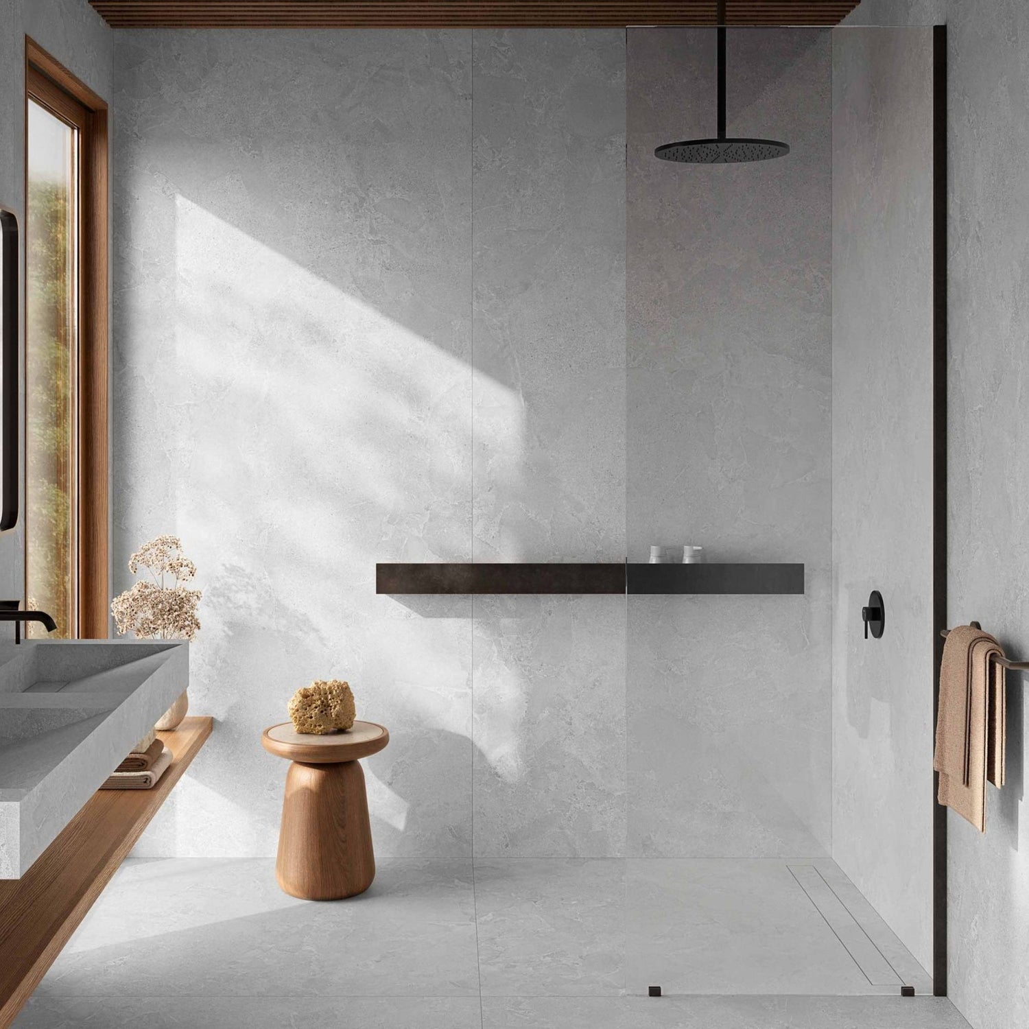 Zona de duche moderna revestida com cerâmico de grande formato Roca Avalon Rock Blanco 120x280cm   