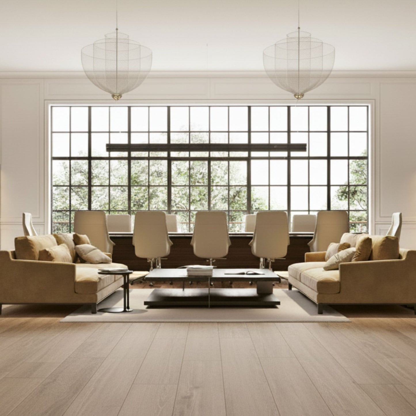 Sala de estar moderna com pavimento cerâmico Vermont Taupe 25x150cm em tons de madeira clara.