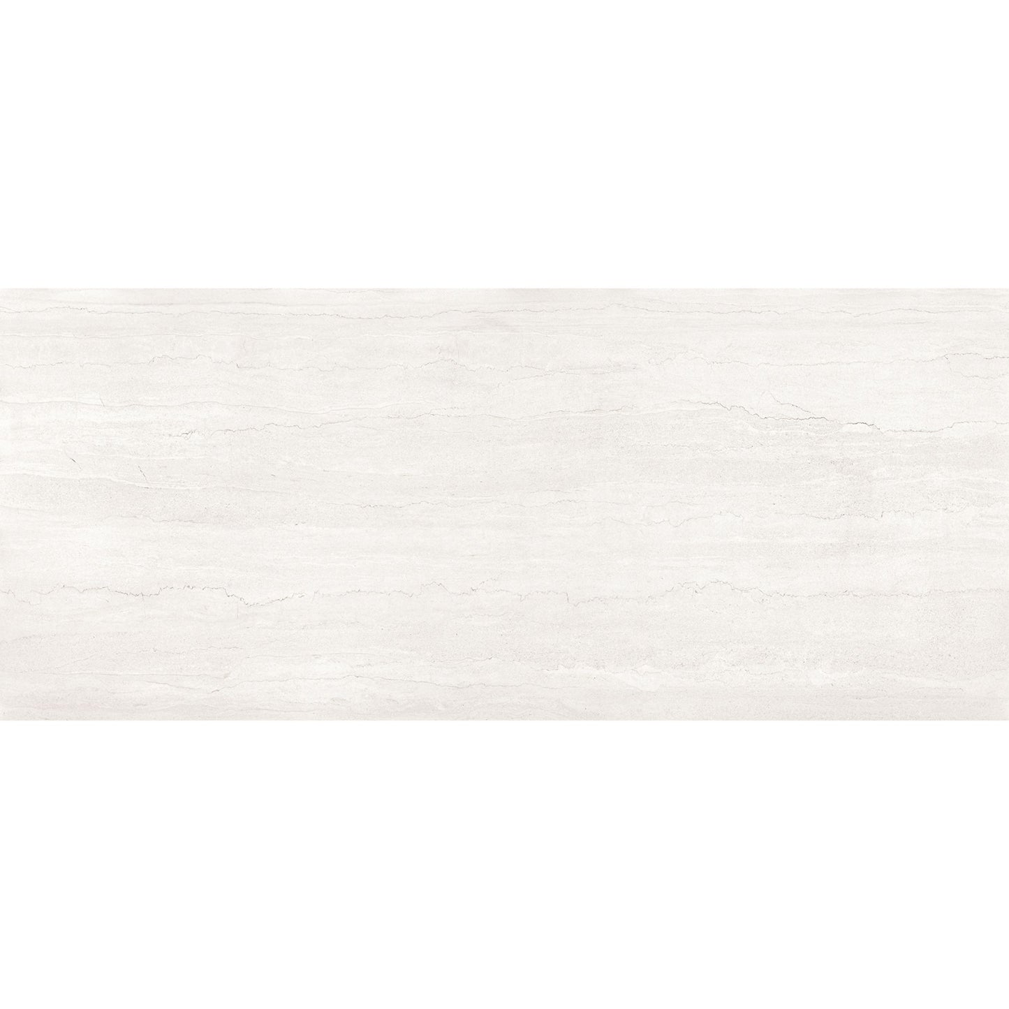 Detalhe da textura do pavimento Dorset Blanco com veios horizontais cinza sobre fundo branco.
