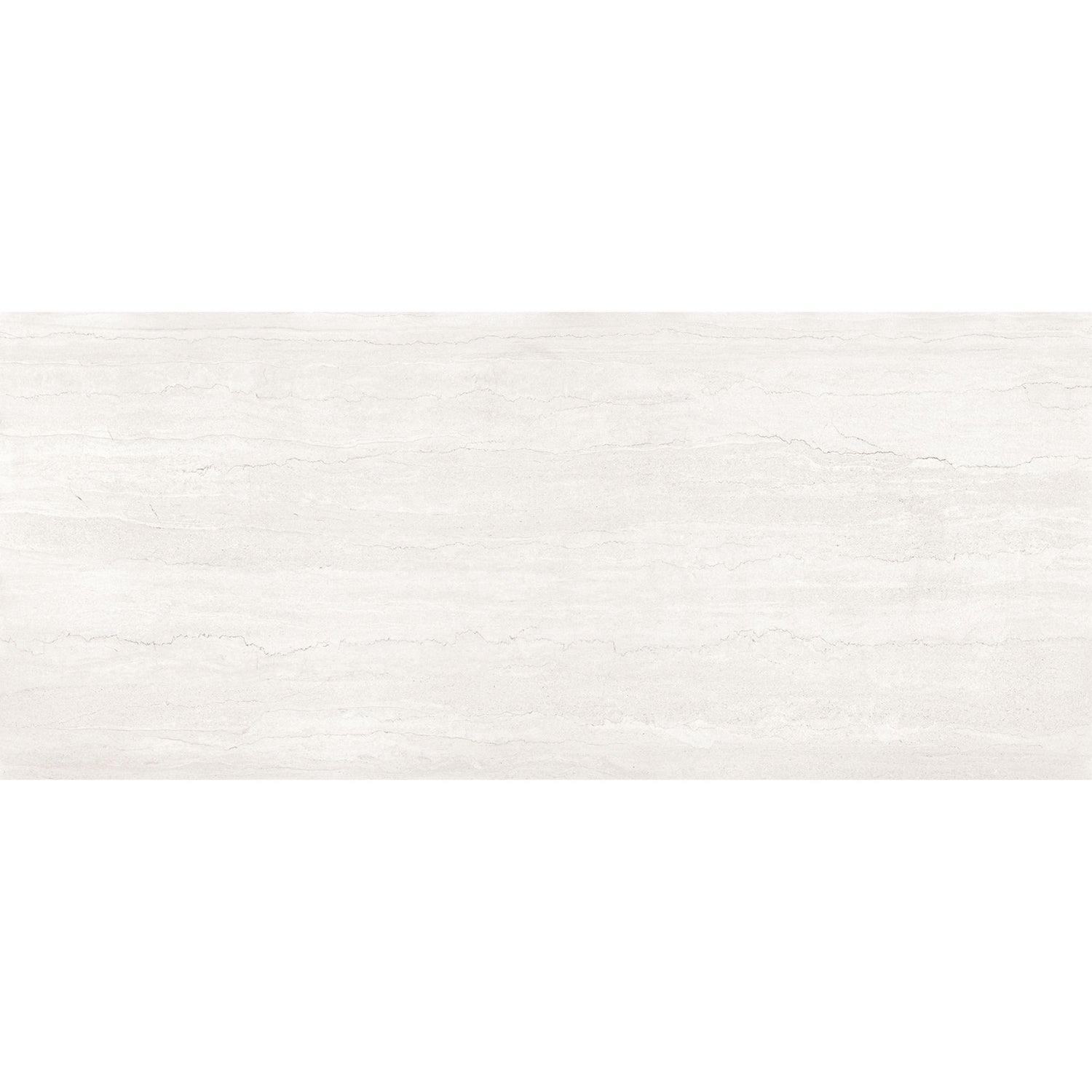 Detalhe da textura do pavimento Dorset Blanco com veios horizontais cinza sobre fundo branco.