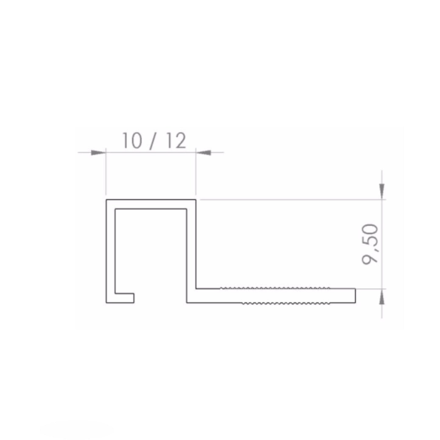 Desenho técnico do perfil listelo alumínio Promolar com dimensões de 9,50mm de altura e 10/12mm de largura.