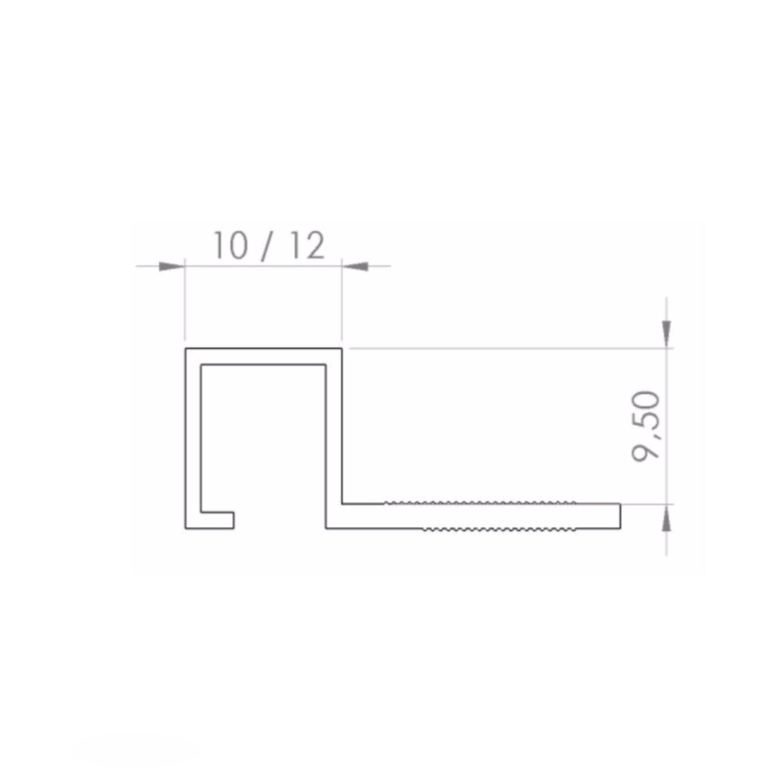 Desenho técnico do perfil listelo alumínio Promolar com dimensões de 9,50mm de altura e 10/12mm de largura.