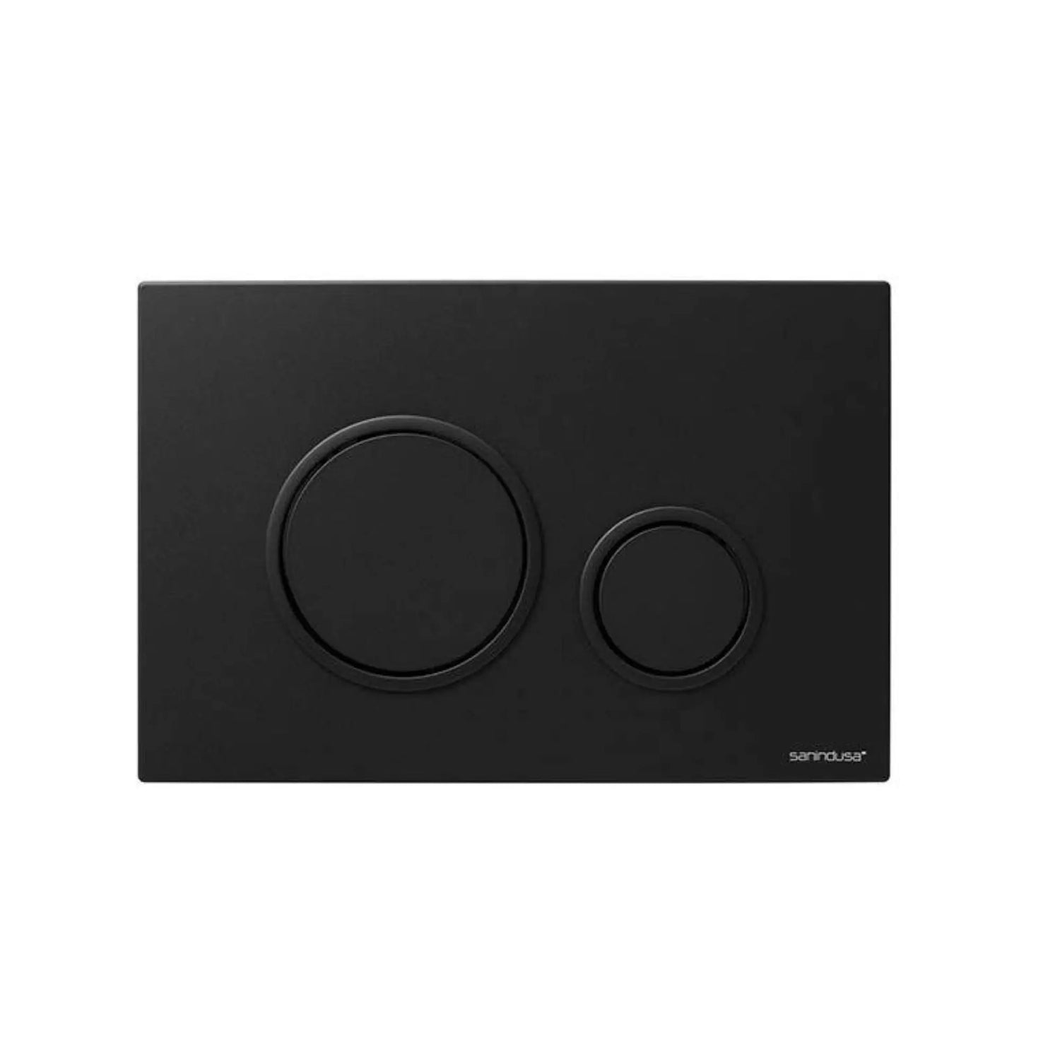 alt='Placa de comando dupla Sanindusa Moove em preto mate com botões redondos.'