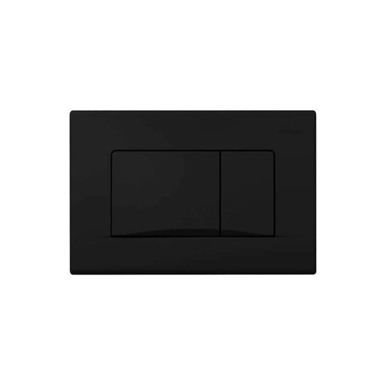 alt='Placa de comando Sanindusa Plan com dupla descarga e acabamento em preto mate, vista de frente.'
