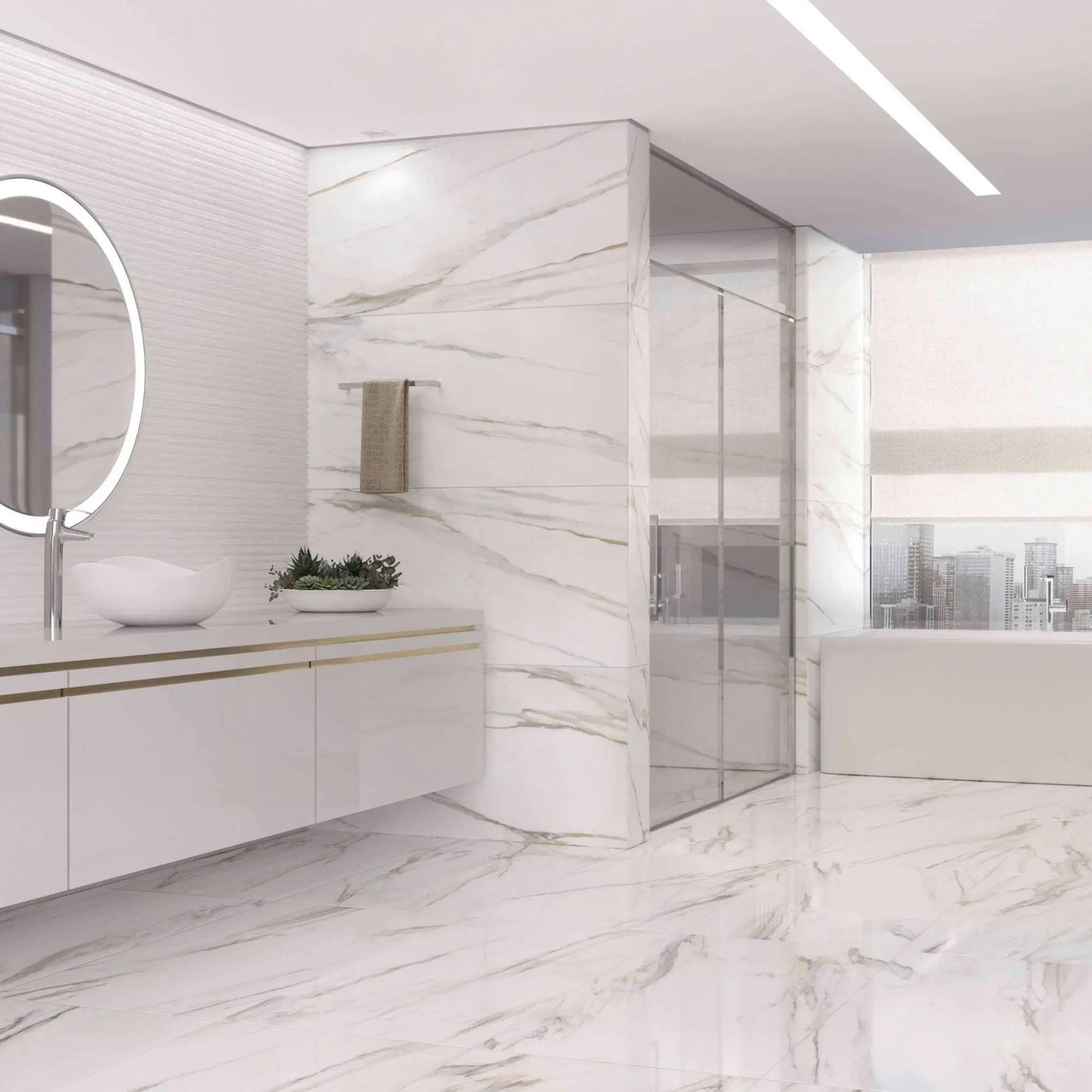 alt text= 'Casa de banho de luxo com chão e paredes revestidas com porcelânico polido Roca Calacatta Gold 60x120cm.'