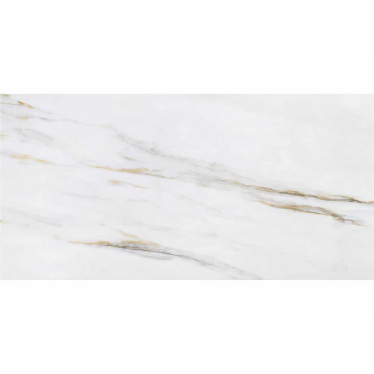 alt text= 'Detalhe do porcelânico Roca Calacatta Gold, mostrando os veios dourados e cinzentos sobre o fundo branco polido.
