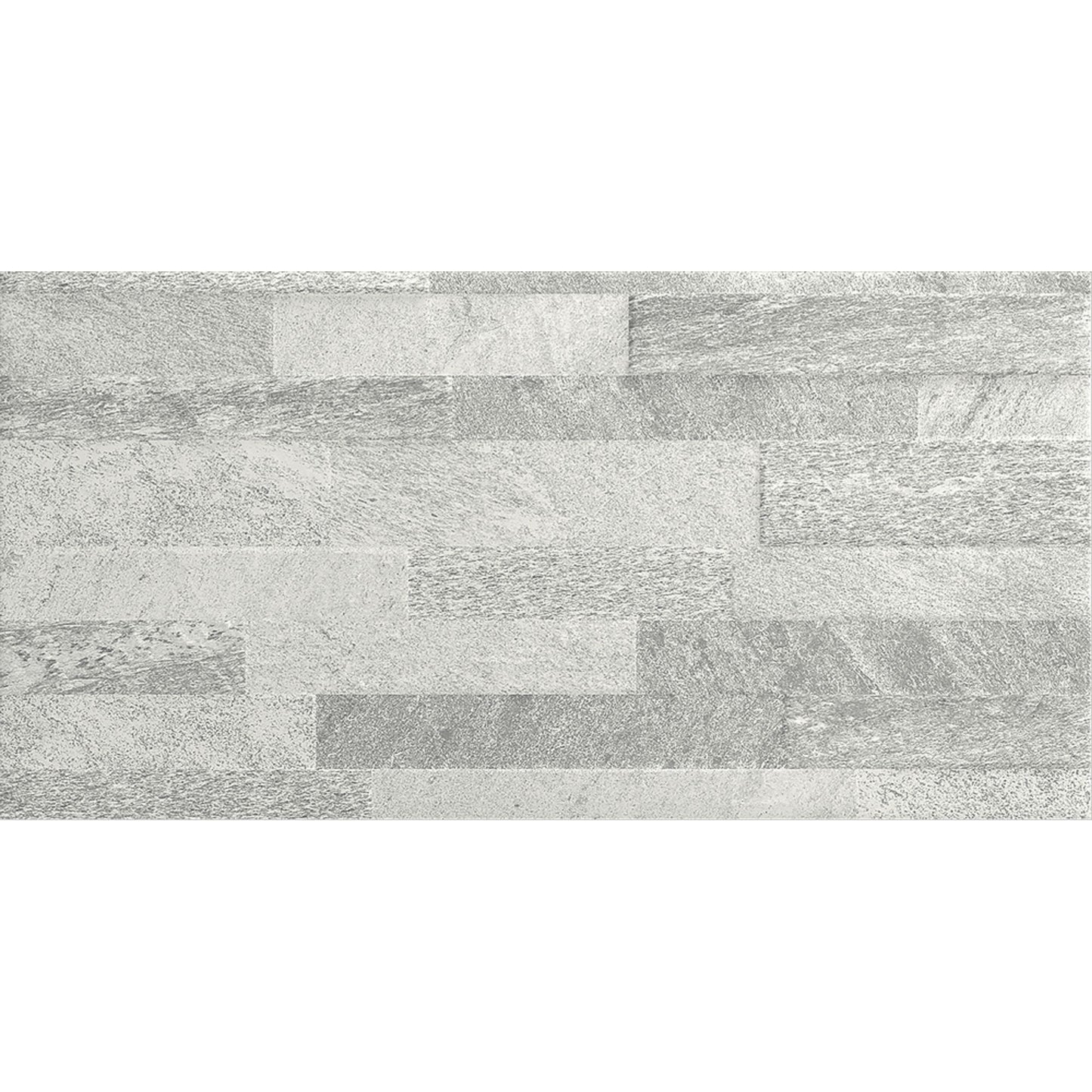 Detalhe da peça cerâmica Cinca Art Stone Cinza 30x60cm com padrão em réguas de pedra   