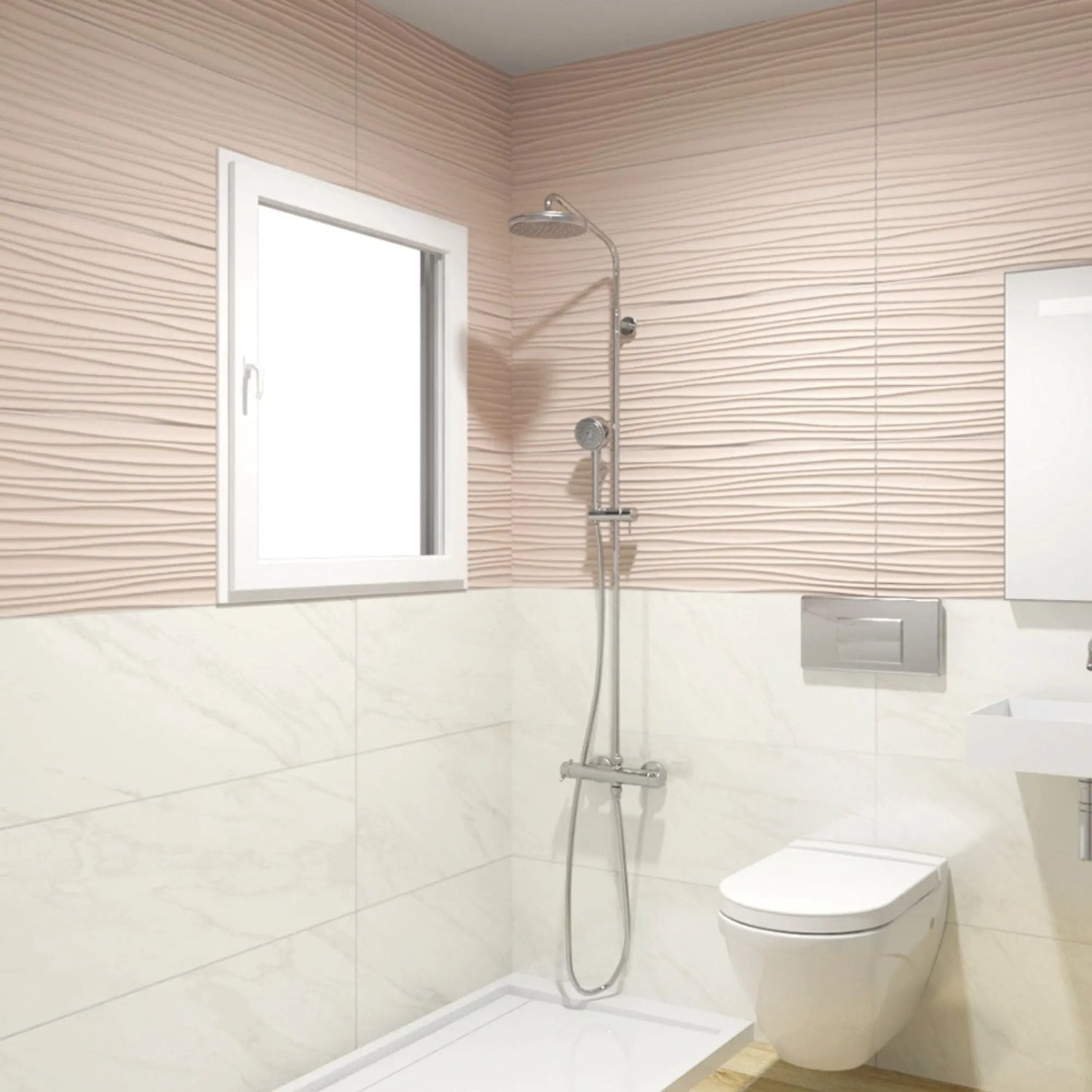 Pavimento cerâmico Marble White aplicado na parede inferior de uma casa de banho moderna, junto a um duche e sanita.