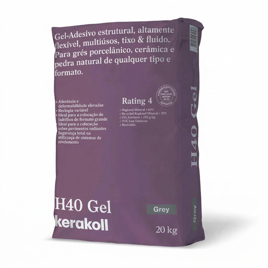 Saco de 20kg de gel-adesivo Kerakoll H40 na cor cinza para colagem de alta performance e segurança.