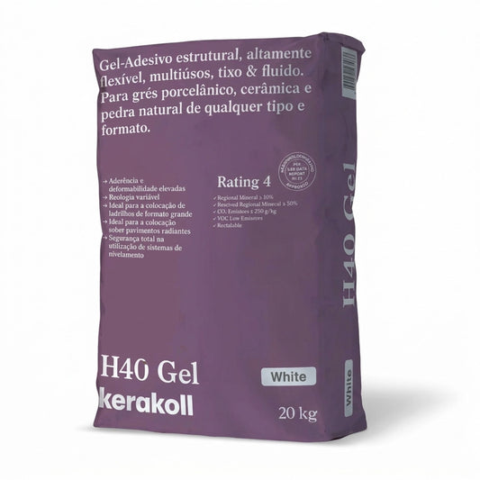 Saco de 20kg de gel-adesivo Kerakoll H40 na cor branca para colagem de alta performance.