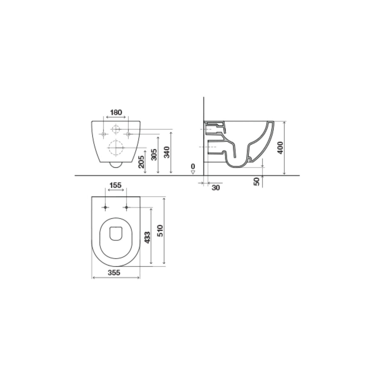 Desenho técnico com dimensões e cotas de instalação da sanita suspensa Lake (355mm x 510mm).