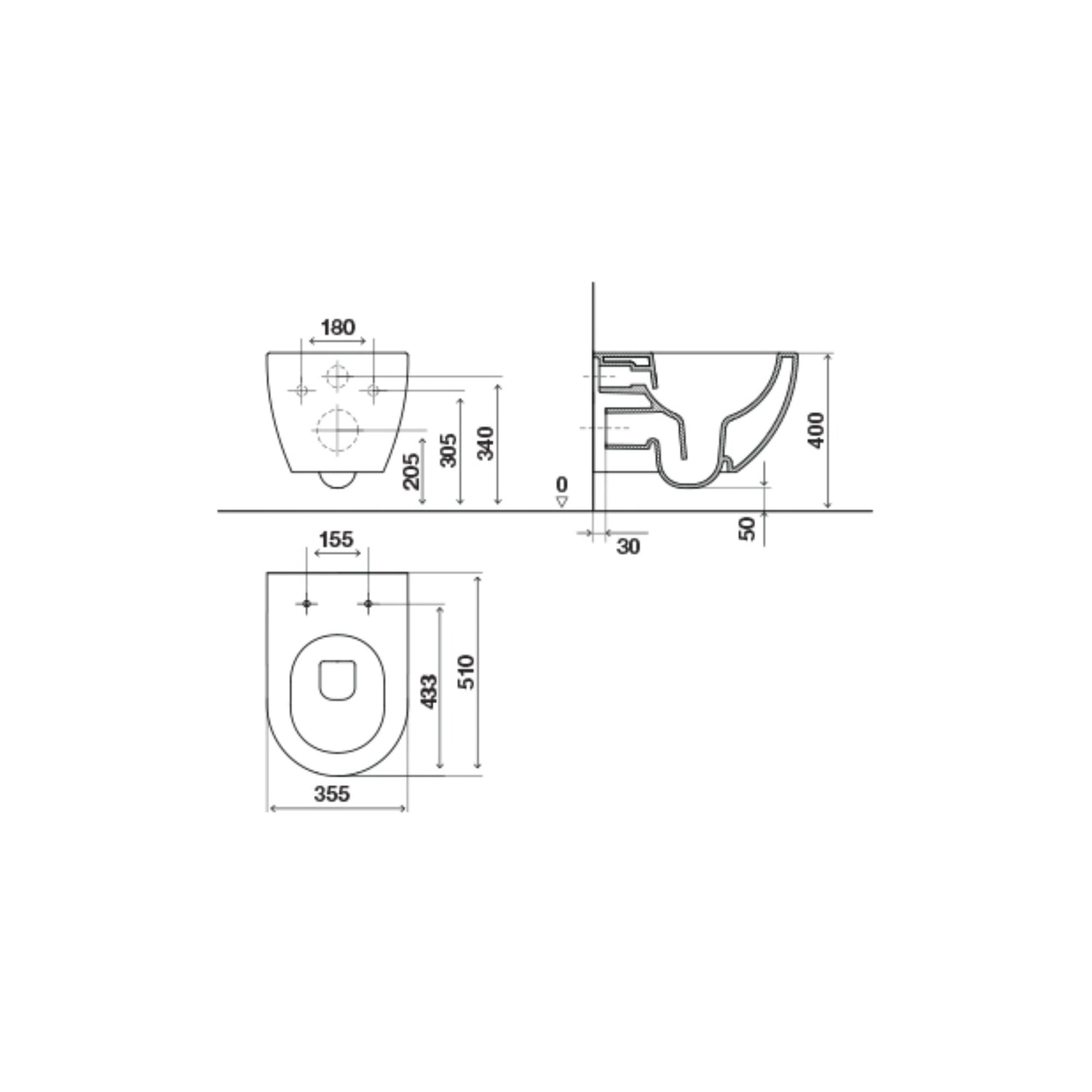 Desenho técnico com dimensões e cotas de instalação da sanita suspensa Lake (355mm x 510mm).