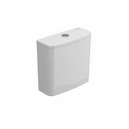 Tanque de sanita compacta Sanitana Ruby Vortex branca, coM descarga vortex, vista em perspetiva de três quartos.