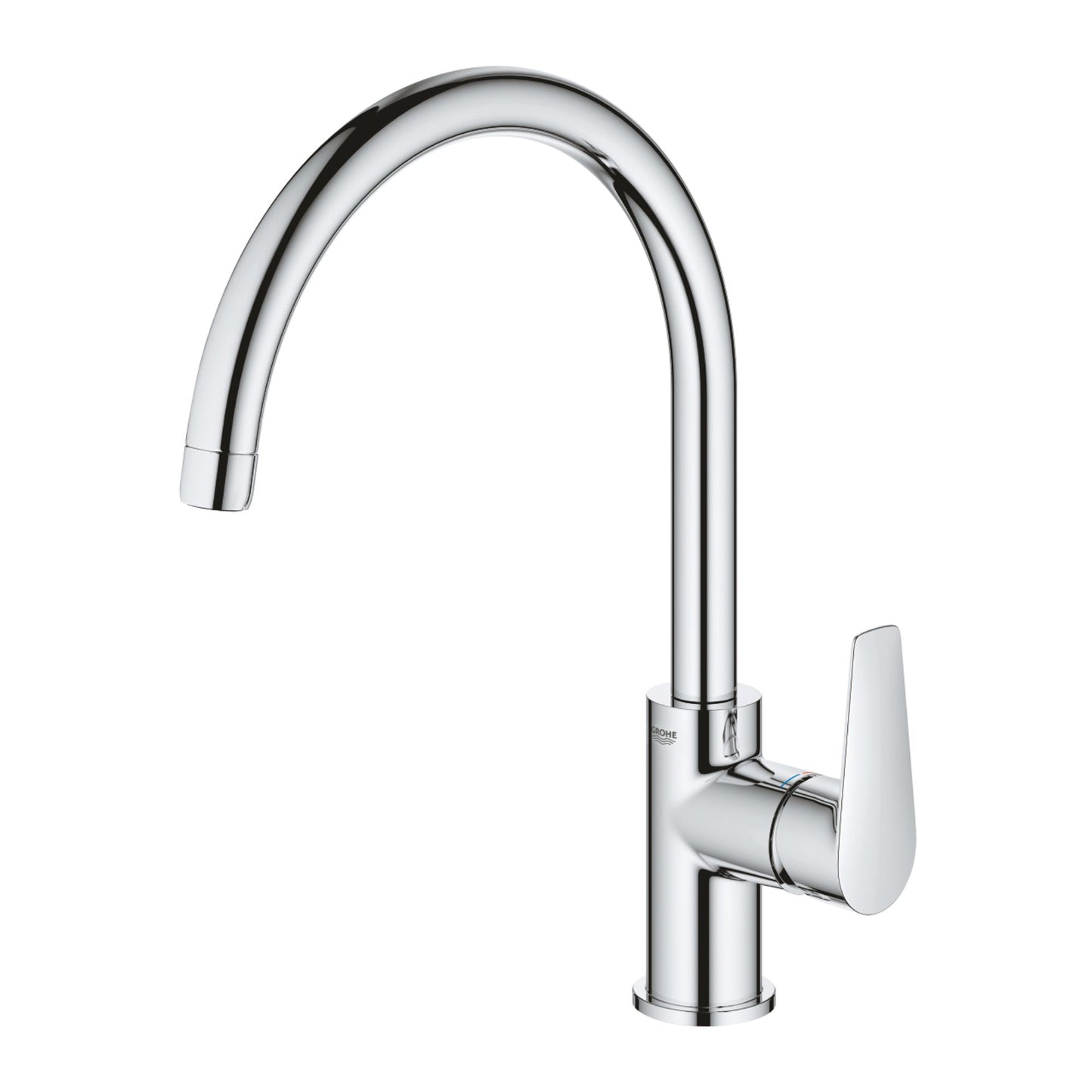 Torneira de cozinha monocomando Grohe Bauedge cromada com cano alto giratório em arco.