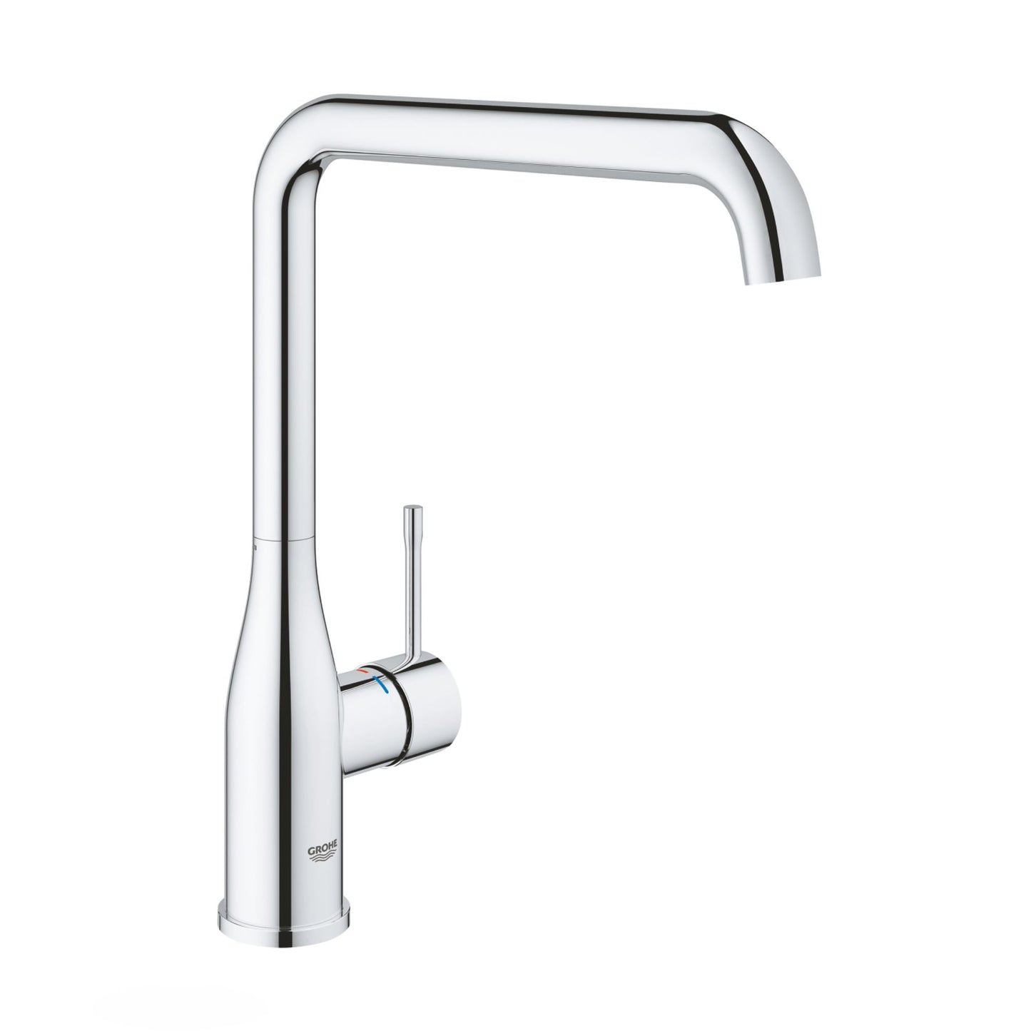 Torneira de cozinha monocomando Grohe Essence cromada com cano alto giratório e design minimalista.