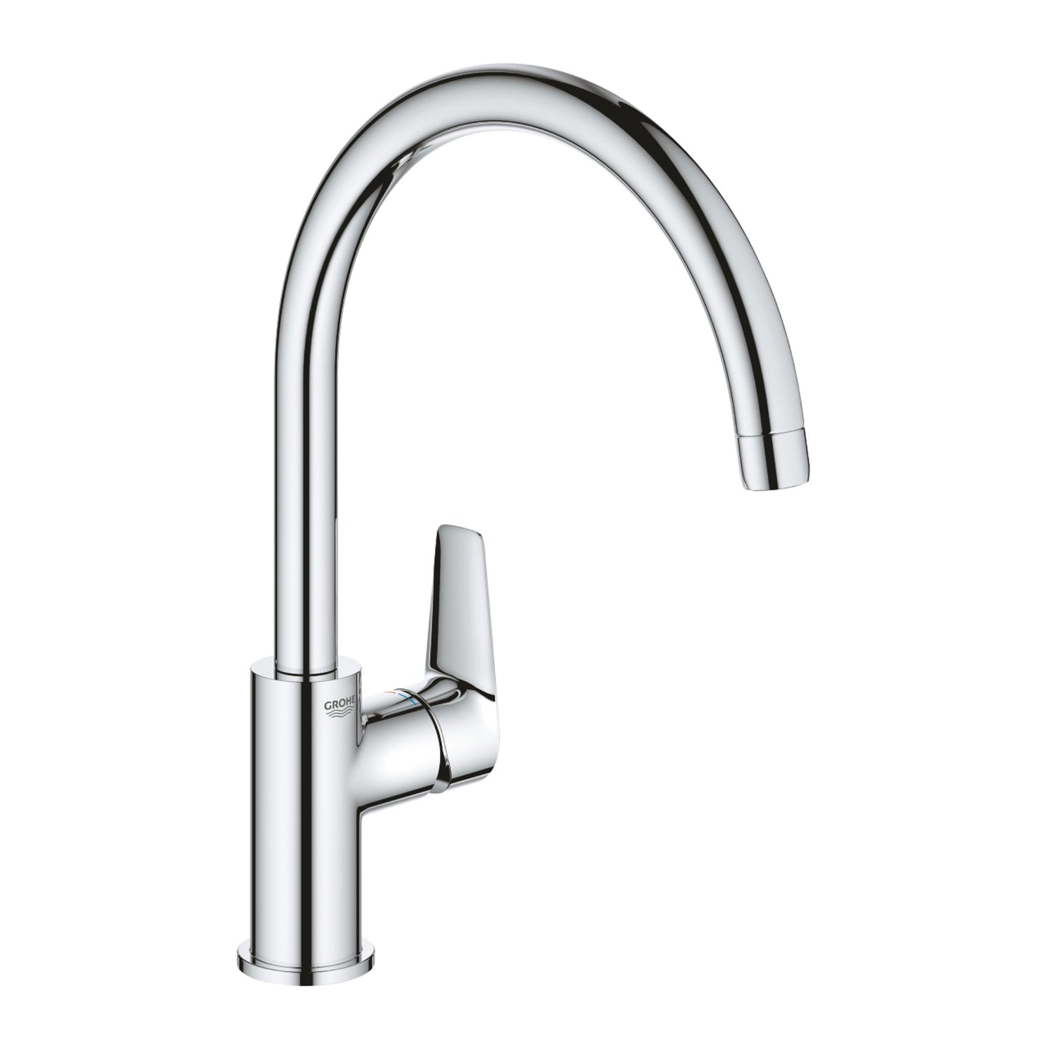 Torneira de cozinha monocomando Grohe Bauedge cromada com cano alto giratório em arco.