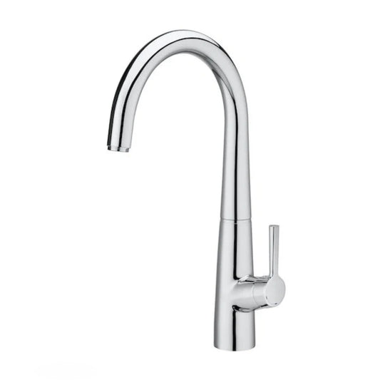 Torneira de cozinha monocomando Roca Syra cromada com design em arco e cano alto giratório.
