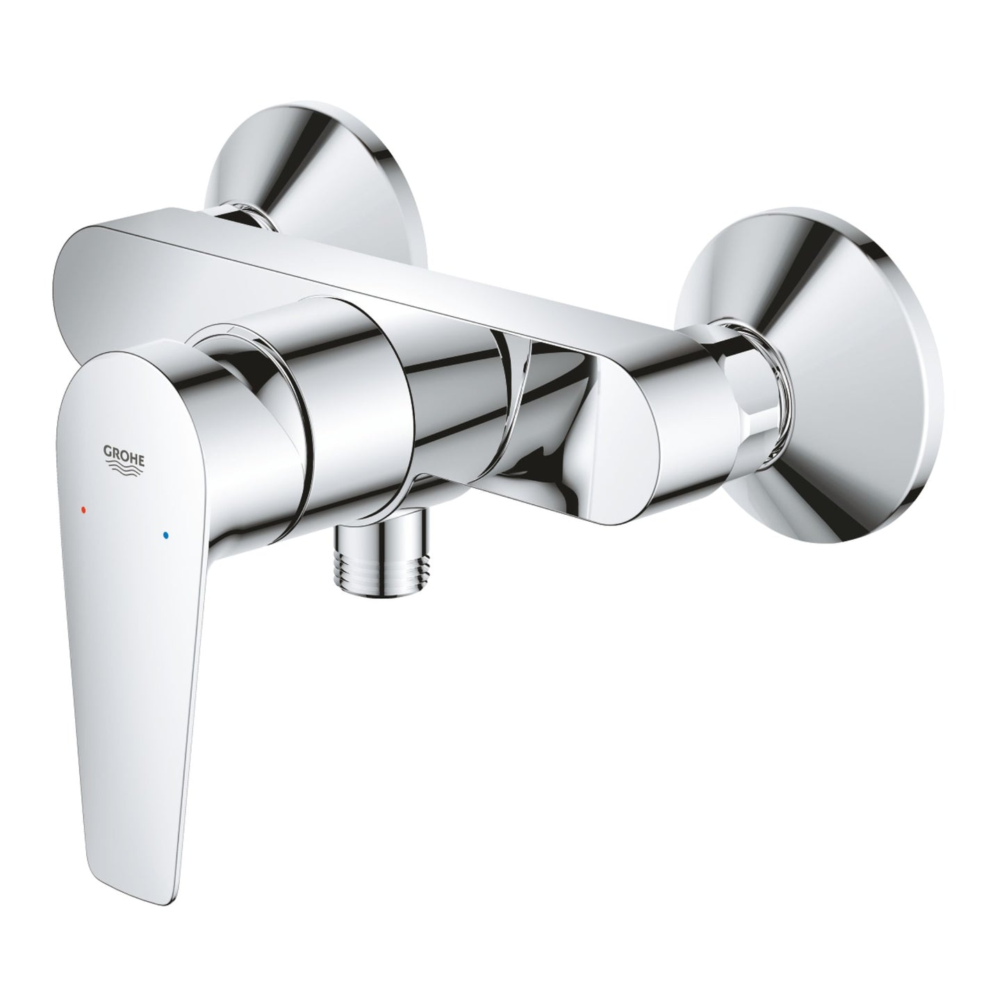 Torneira de duche Grohe Bauedge cromada em perspetiva lateral mostrando o manípulo ergonómico.