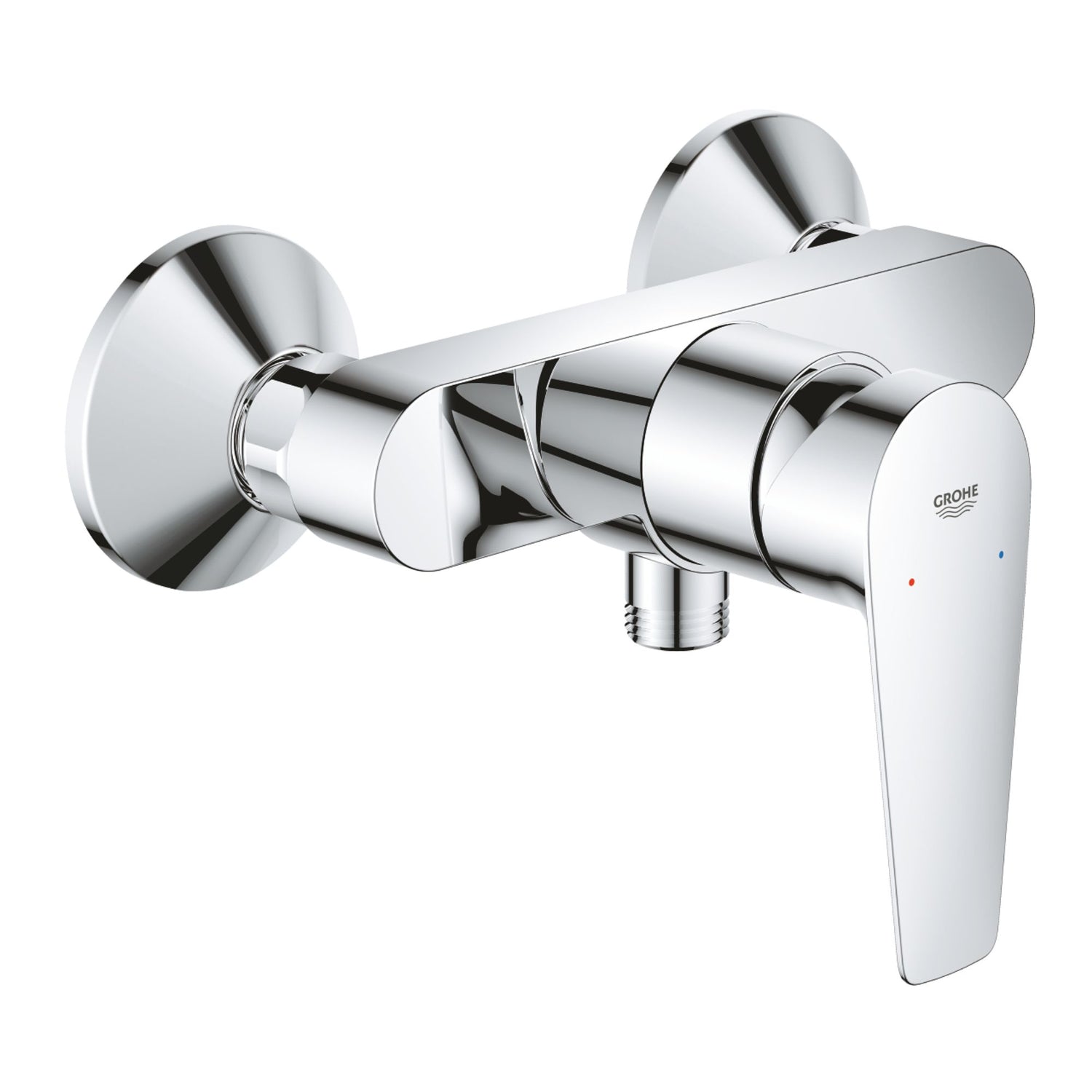Torneira de duche Grohe Bauedge cromada em perspetiva lateral mostrando o manípulo ergonómico.
