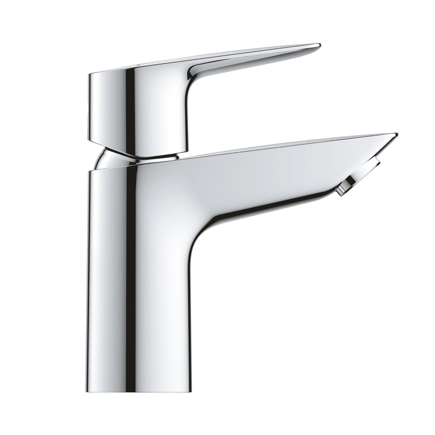 Perfil direito da torneira de lavatório Grohe BauEdge realçando o brilho do revestimento cromado StarLight.