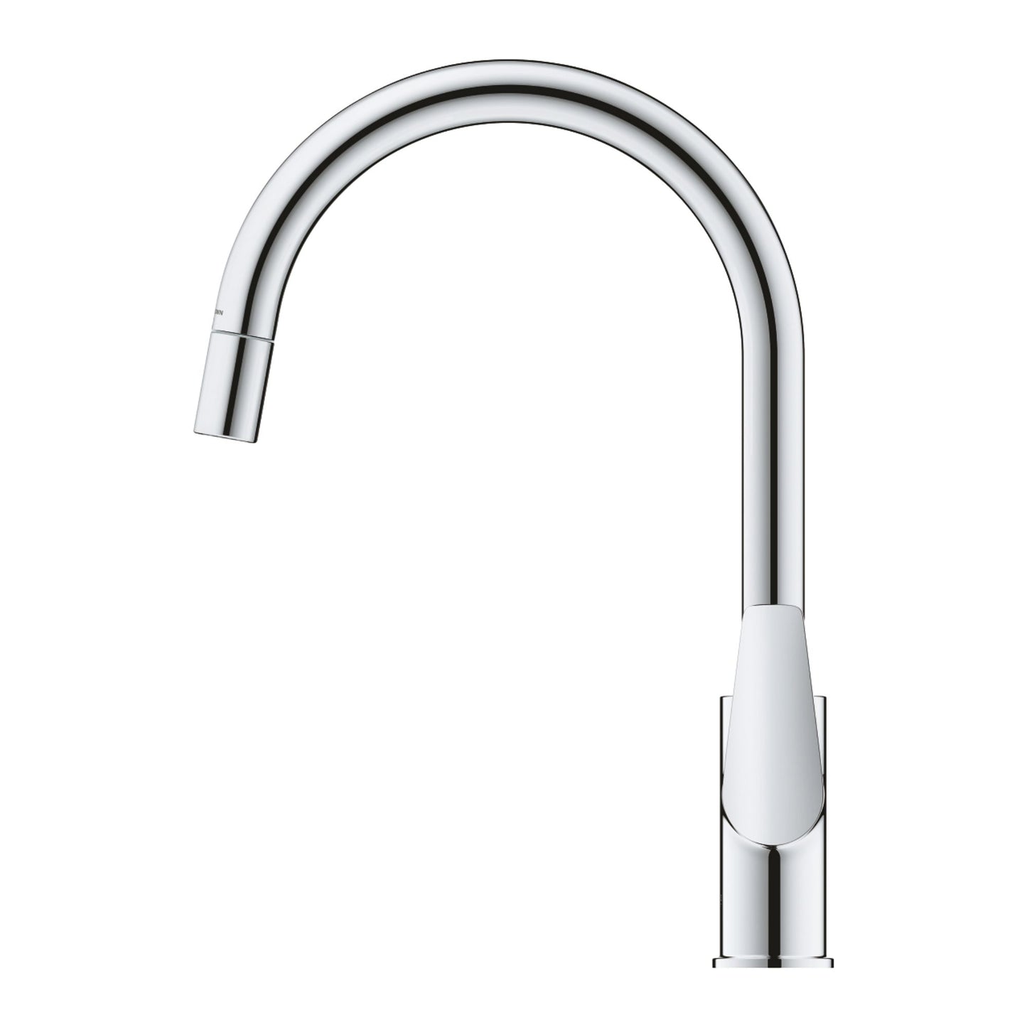 Detalhe do manípulo lateral e do sistema extraível da torneira de cozinha Grohe Bauedge.